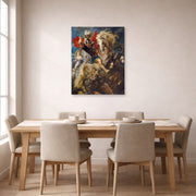 Unframed poster print of Peter Paul Rubens' 'Saint George and the Dragon' displayed on a wall in a dining room