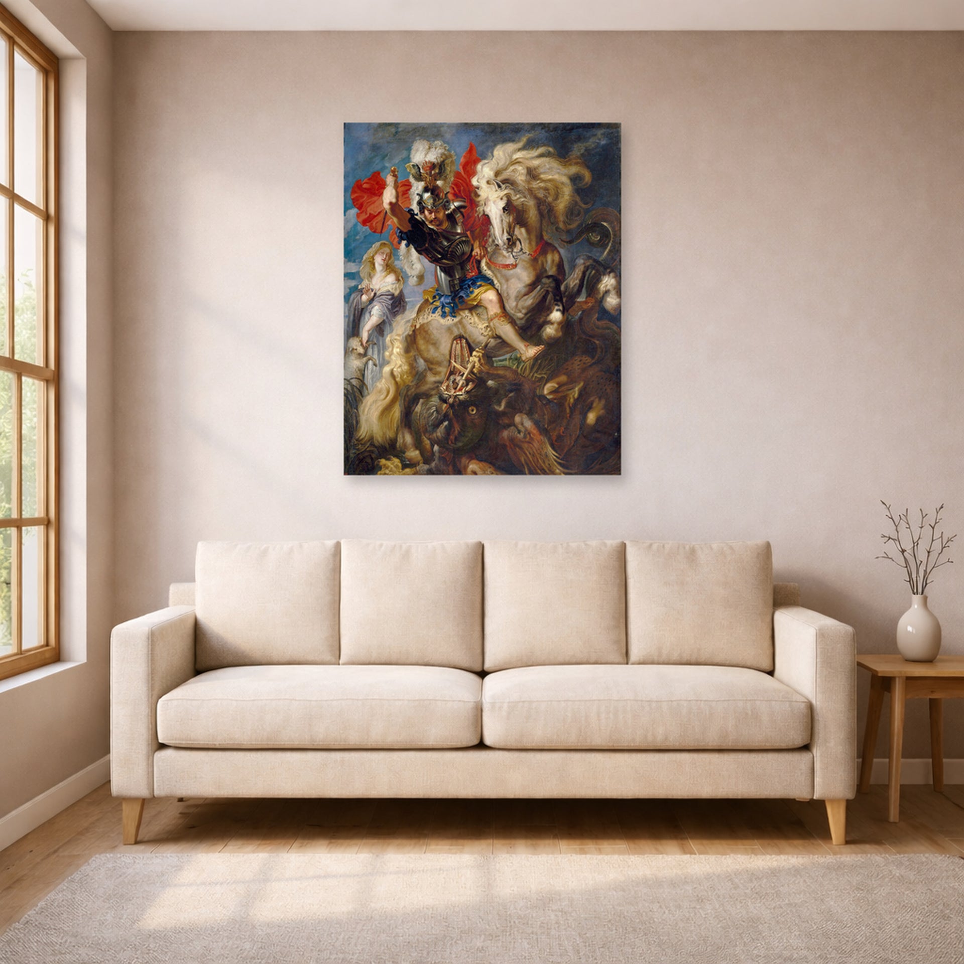 Unframed poster print of Peter Paul Rubens' 'Saint George and the Dragon' displayed on a wall in a living room (image 1 of 2)