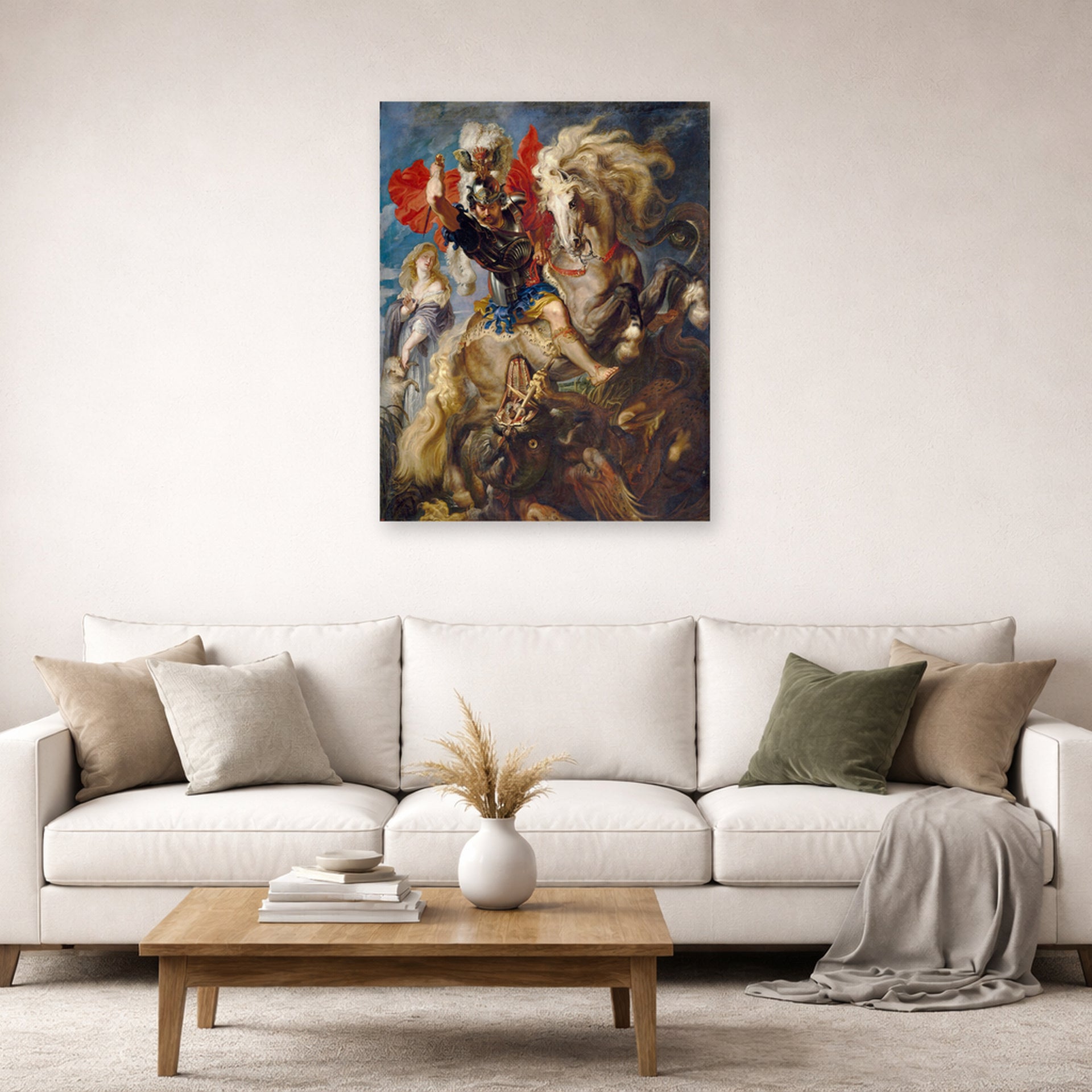 Unframed poster print of Peter Paul Rubens' 'Saint George and the Dragon' displayed on a wall in a living room (image 2 of 2)