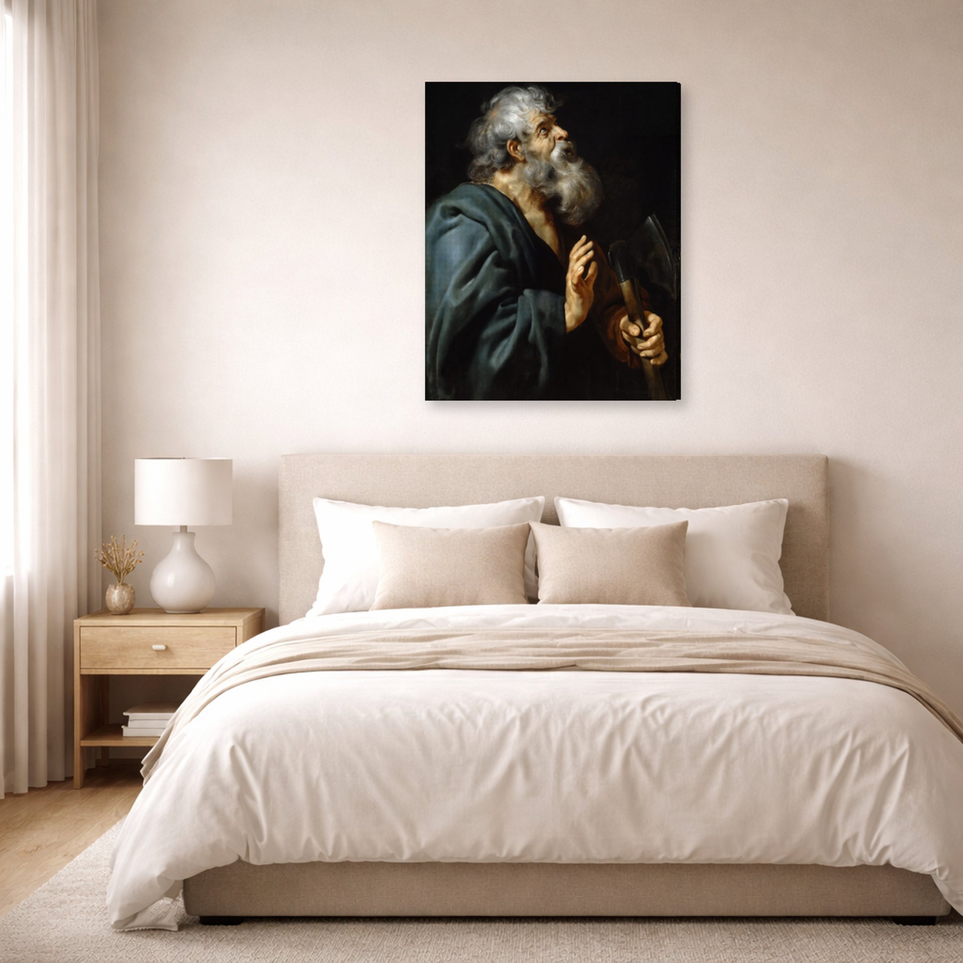 Gallery-wrapped canvas print of Peter Paul Rubens' 'Saint Matthias' displayed on a wall in a bedroom