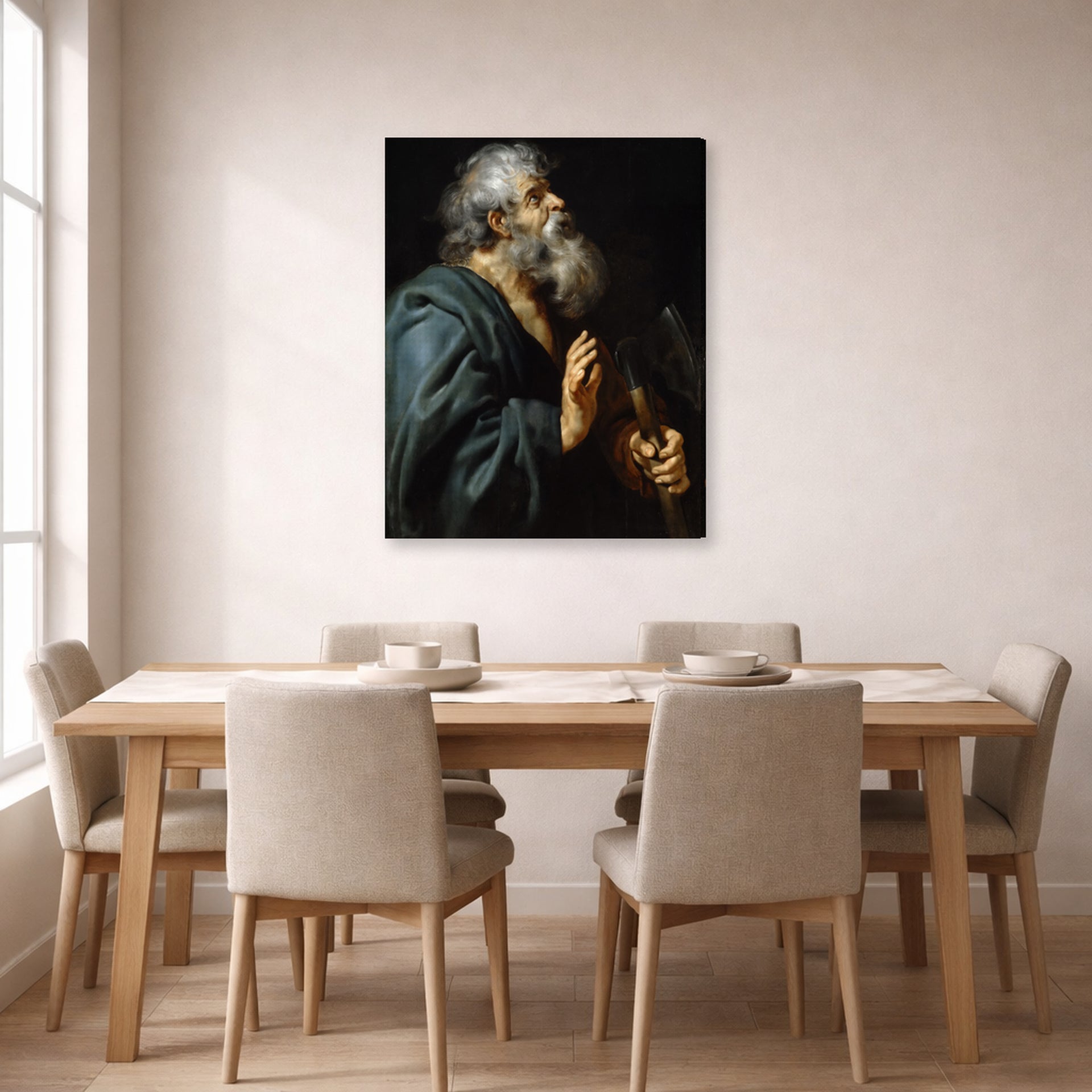 Gallery-wrapped canvas print of Peter Paul Rubens' 'Saint Matthias' displayed on a wall in a dining room