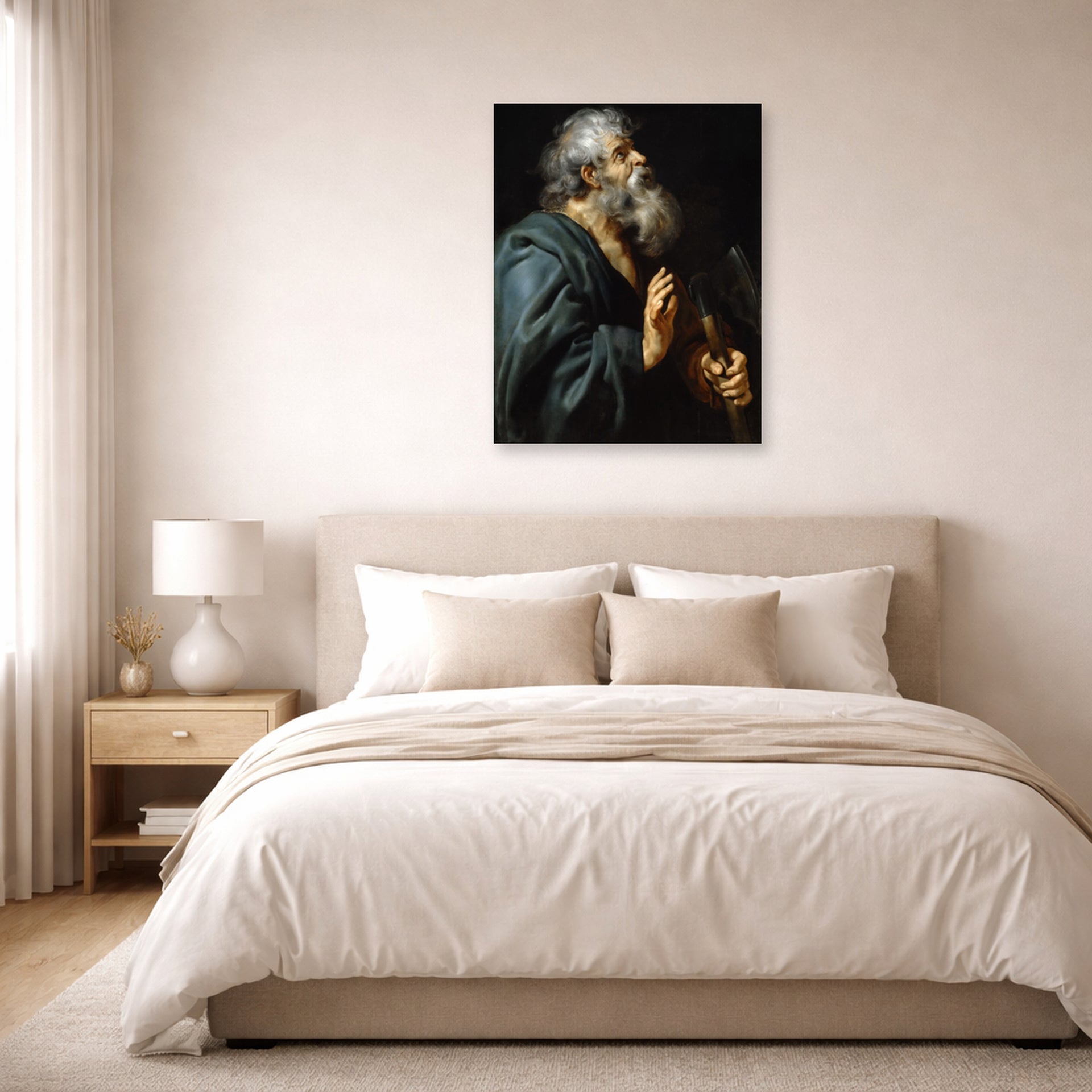 Unframed poster print of Peter Paul Rubens' 'Saint Matthias' displayed on a wall in a bedroom