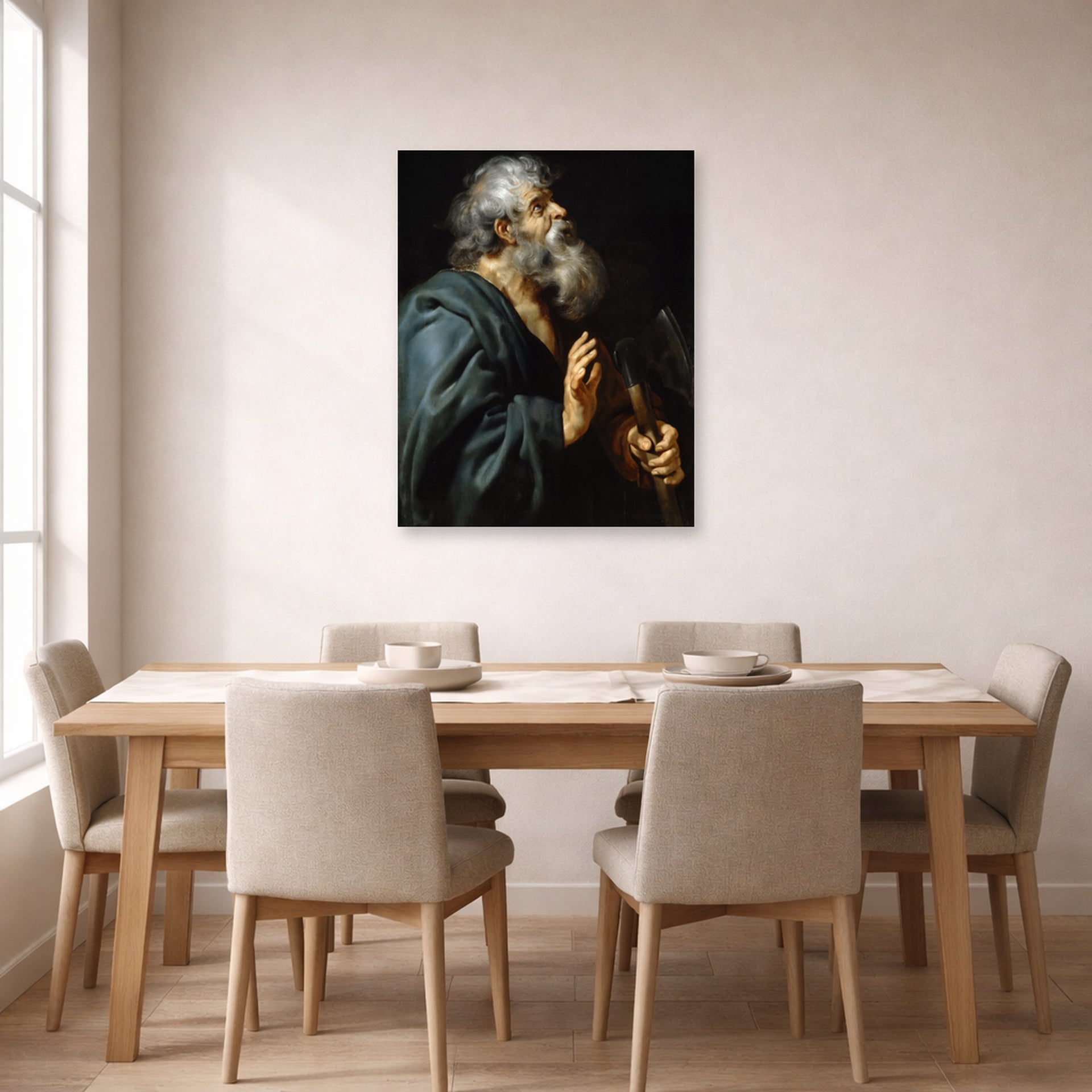 Unframed poster print of Peter Paul Rubens' 'Saint Matthias' displayed on a wall in a dining room