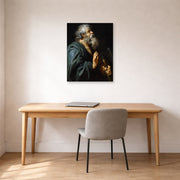 Unframed poster print of Peter Paul Rubens' 'Saint Matthias' displayed on a wall in an office