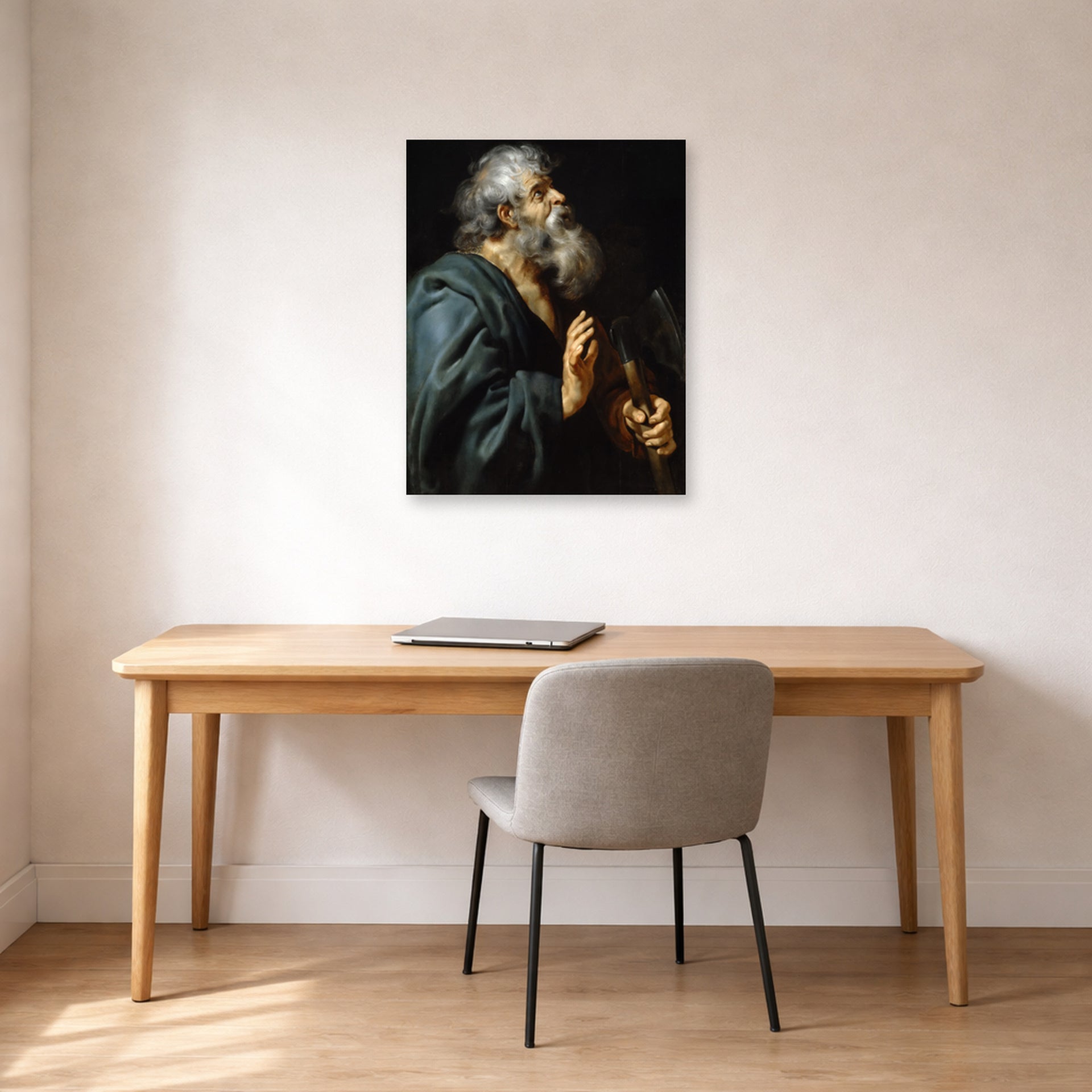 Unframed poster print of Peter Paul Rubens' 'Saint Matthias' displayed on a wall in an office