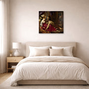 Gallery-wrapped canvas print of Peter Paul Rubens' 'Samson and Delilah' displayed on a wall in a bedroom