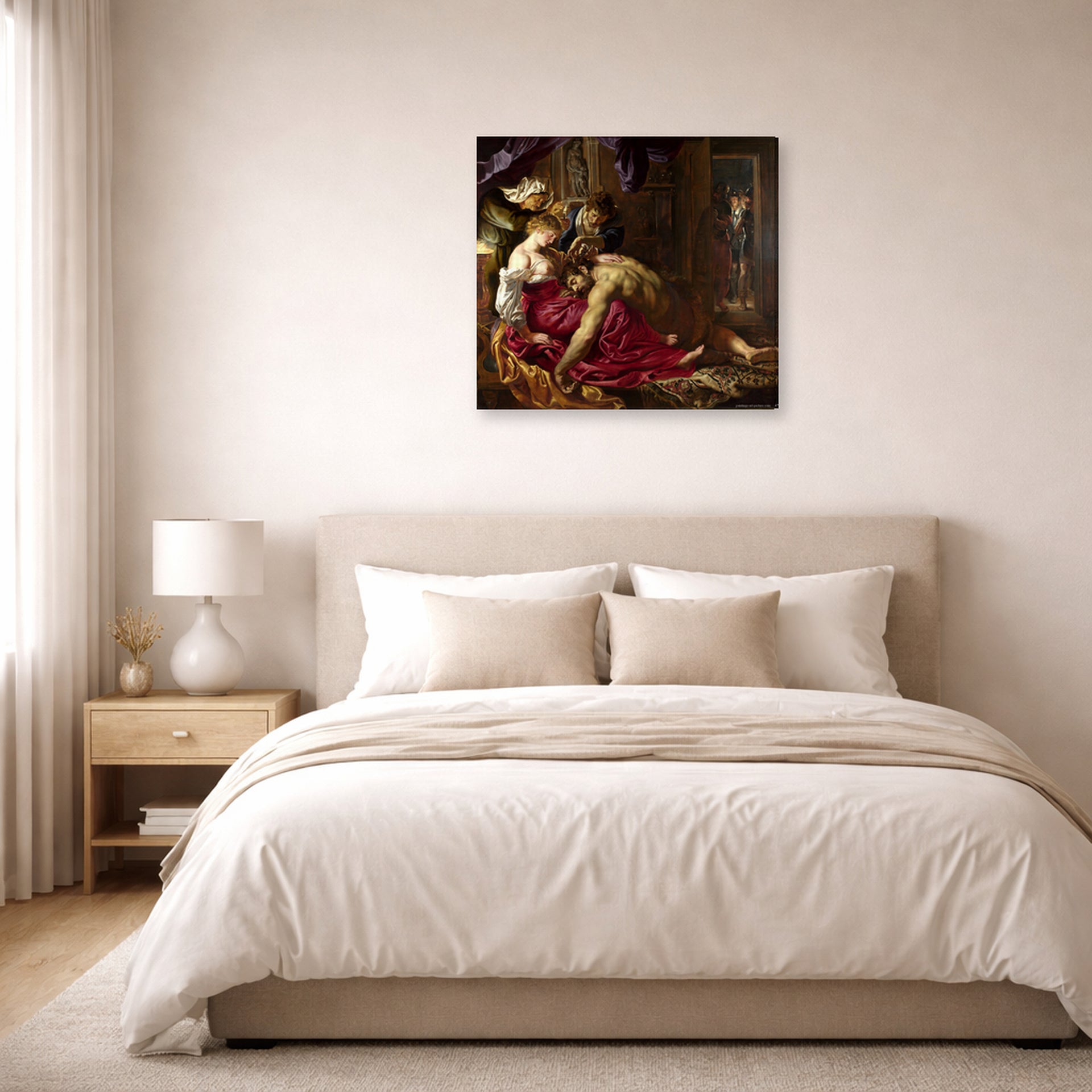 Gallery-wrapped canvas print of Peter Paul Rubens' 'Samson and Delilah' displayed on a wall in a bedroom