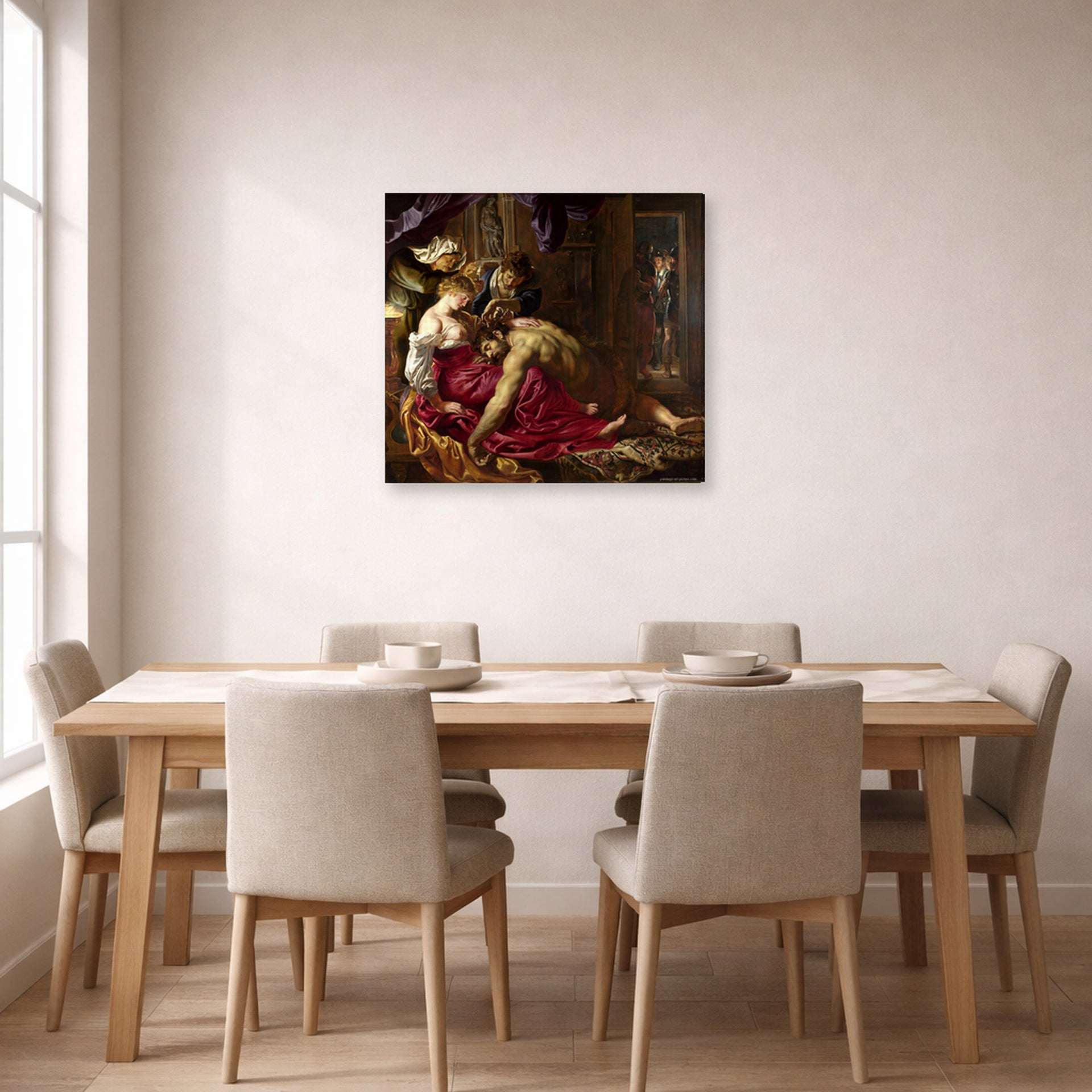 Gallery-wrapped canvas print of Peter Paul Rubens' 'Samson and Delilah' displayed on a wall in a dining room
