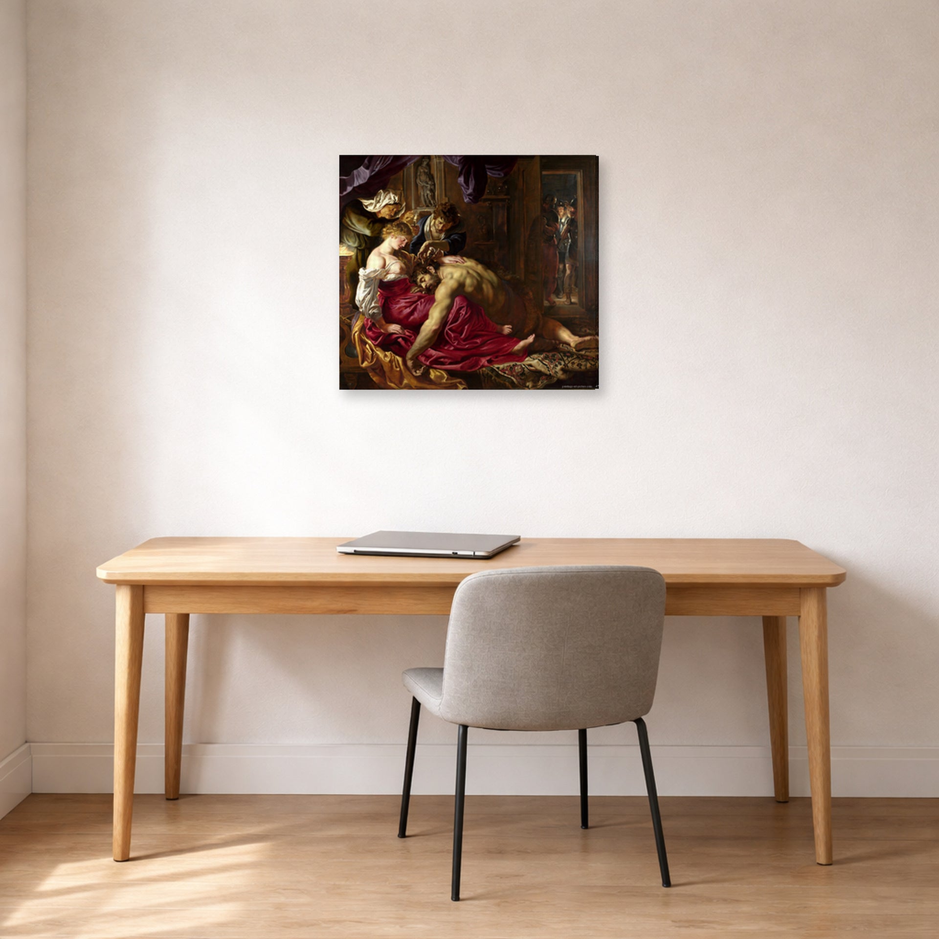 Gallery-wrapped canvas print of Peter Paul Rubens' 'Samson and Delilah' displayed on a wall in an office