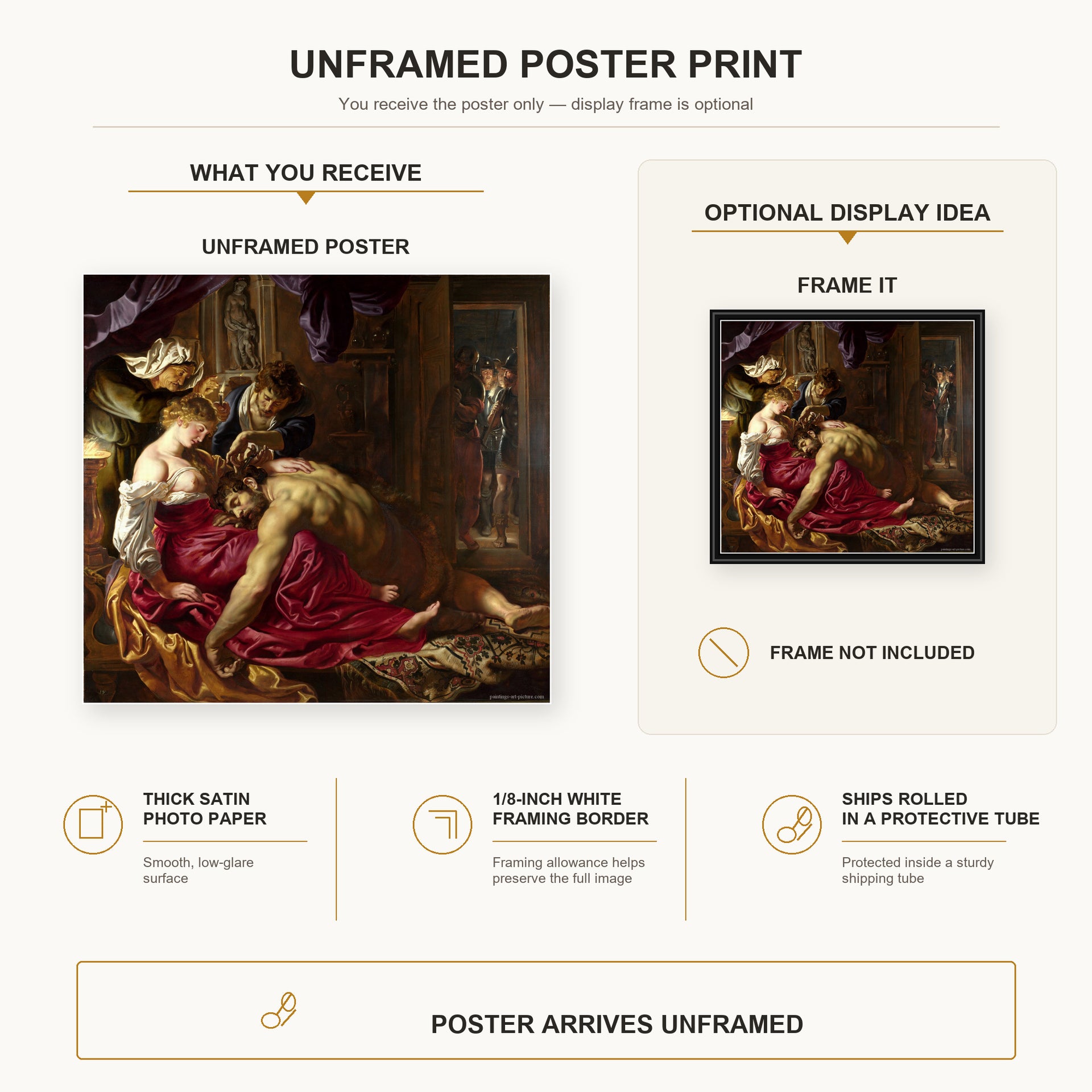 Peter Paul Rubens - Samson and Delilah poster print size comparison and framing display infographic