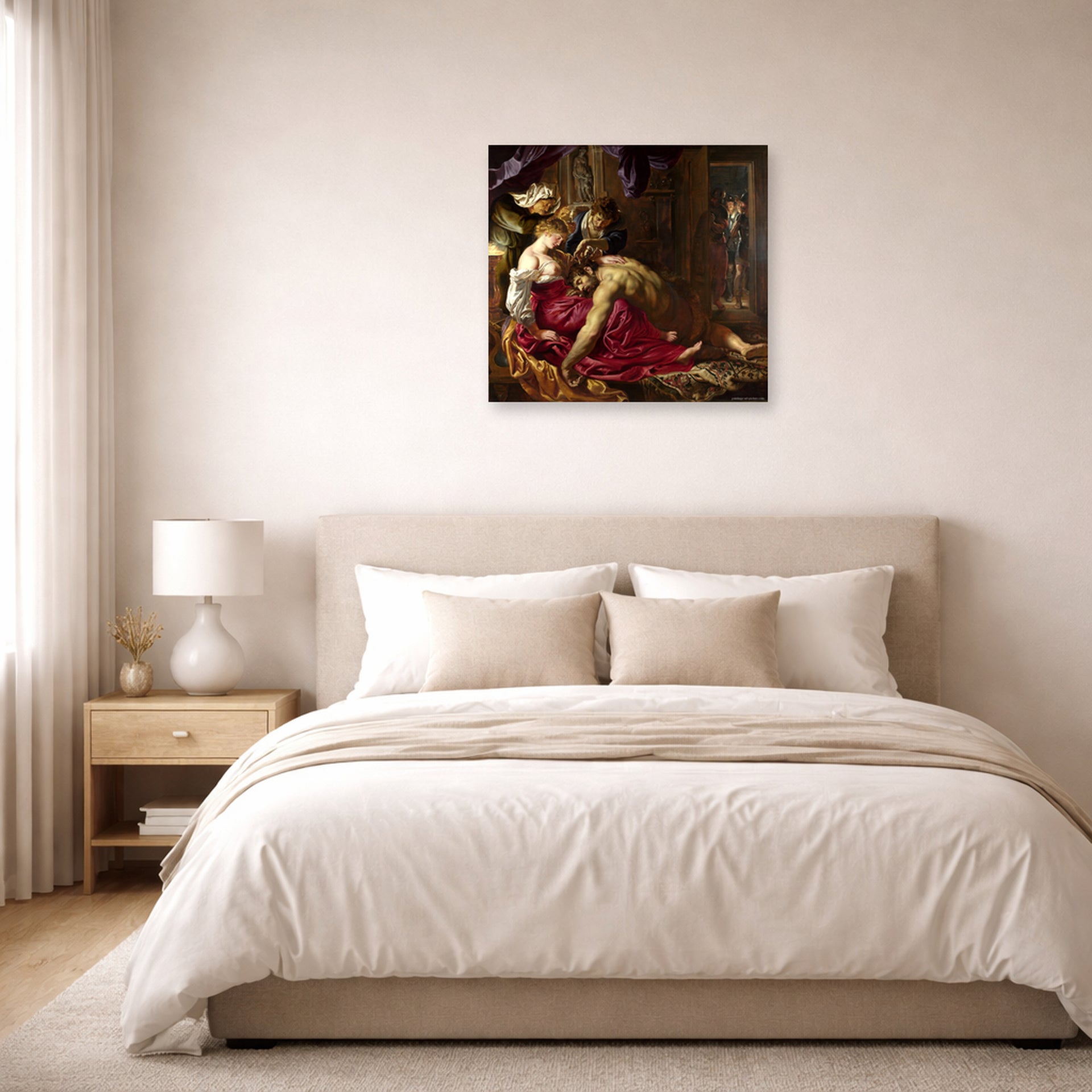 Unframed poster print of Peter Paul Rubens' 'Samson and Delilah' displayed on a wall in a bedroom