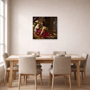 Unframed poster print of Peter Paul Rubens' 'Samson and Delilah' displayed on a wall in a dining room