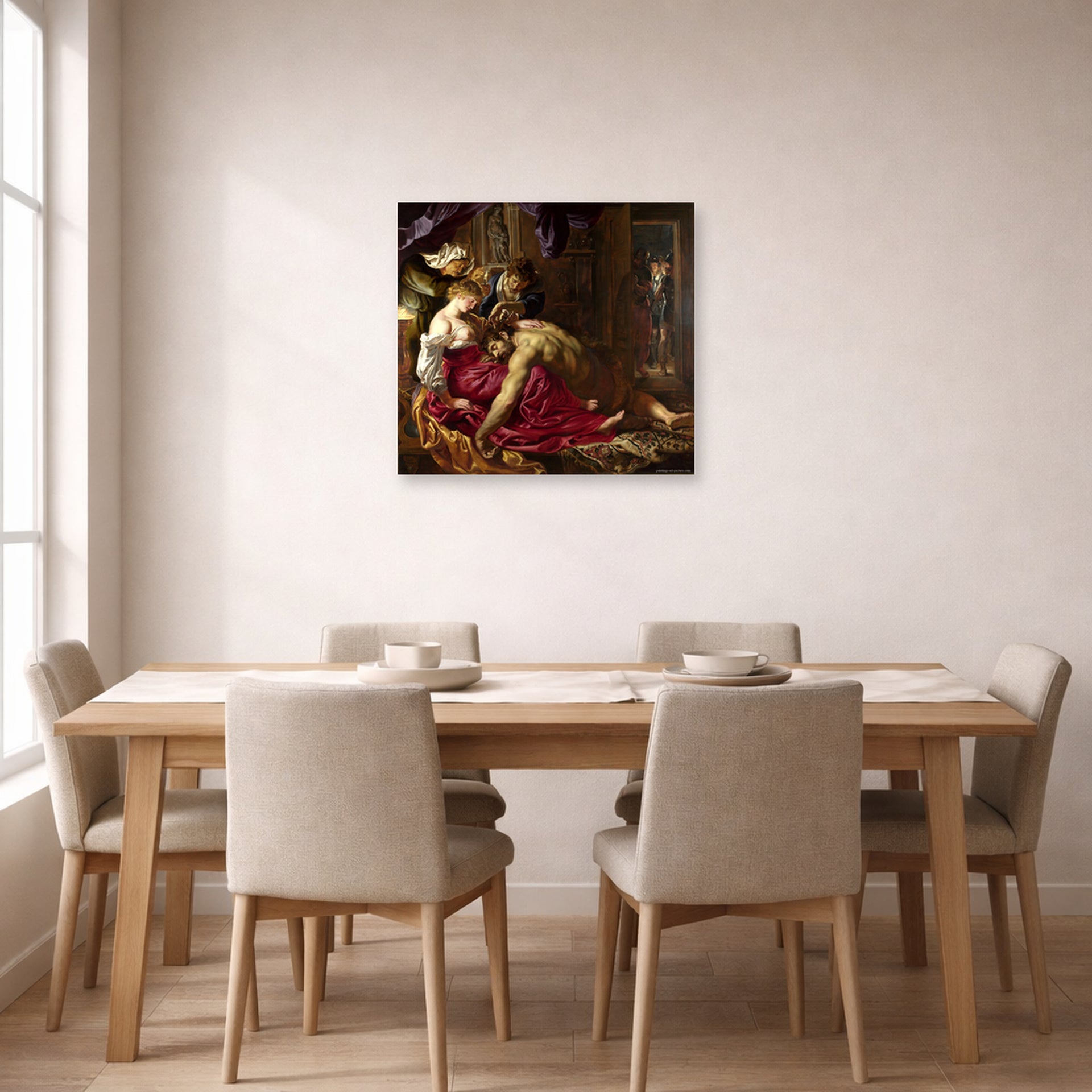 Unframed poster print of Peter Paul Rubens' 'Samson and Delilah' displayed on a wall in a dining room