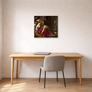 Unframed poster print of Peter Paul Rubens' 'Samson and Delilah' displayed on a wall in an office