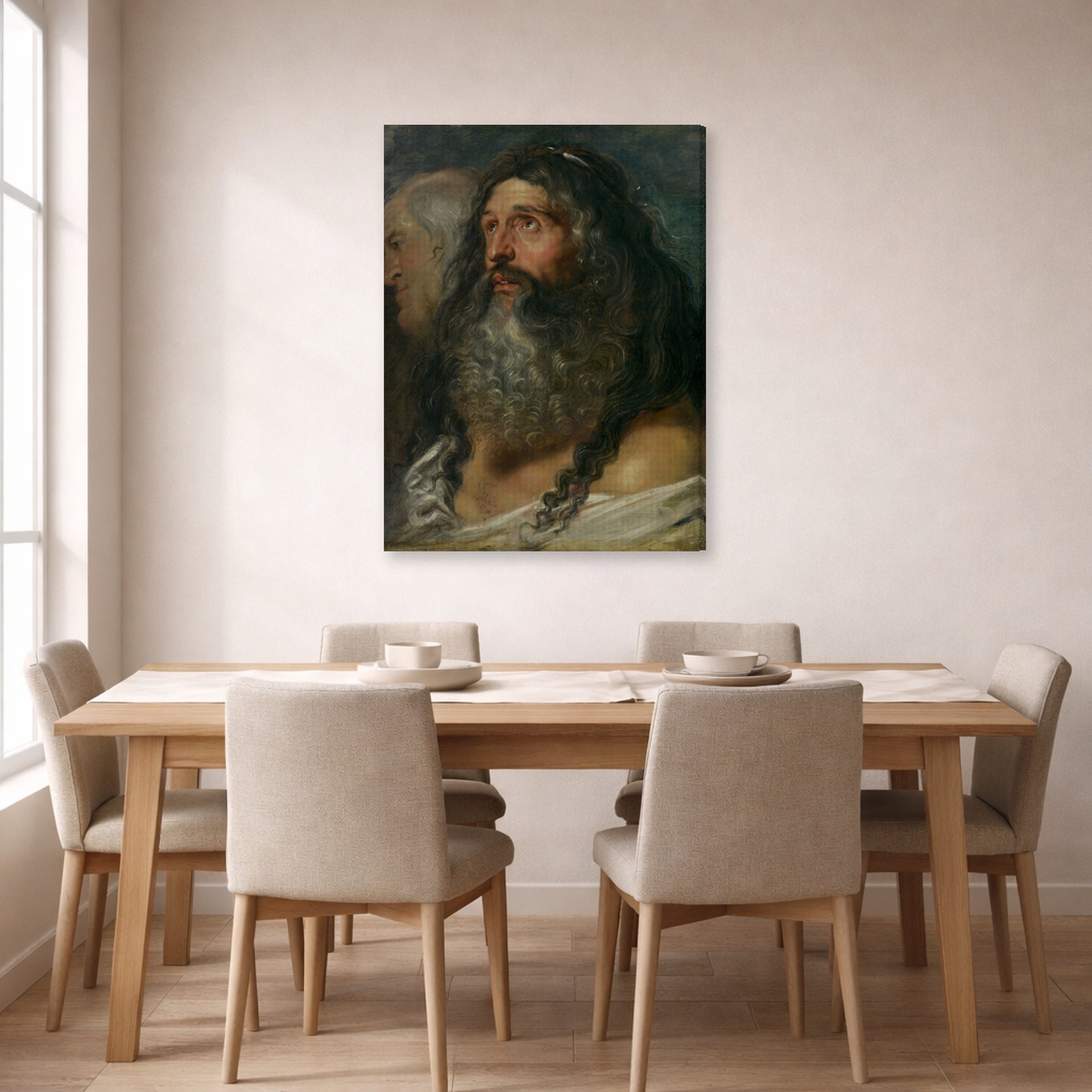 Gallery-wrapped canvas print of Peter Paul Rubens' 'Study of Two Heads' displayed on a wall in a dining room