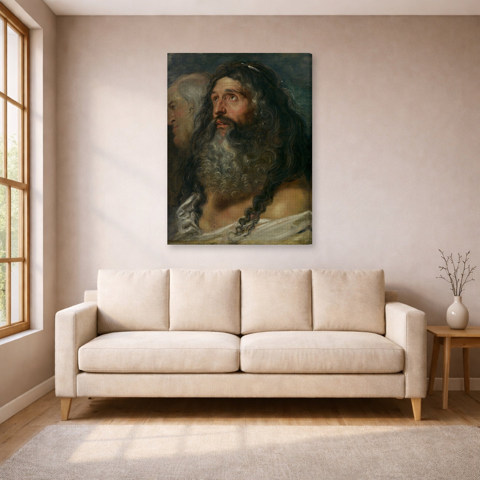 Gallery-wrapped canvas print of Peter Paul Rubens' 'Study of Two Heads' displayed on a wall in a living room (image 1 of 2)