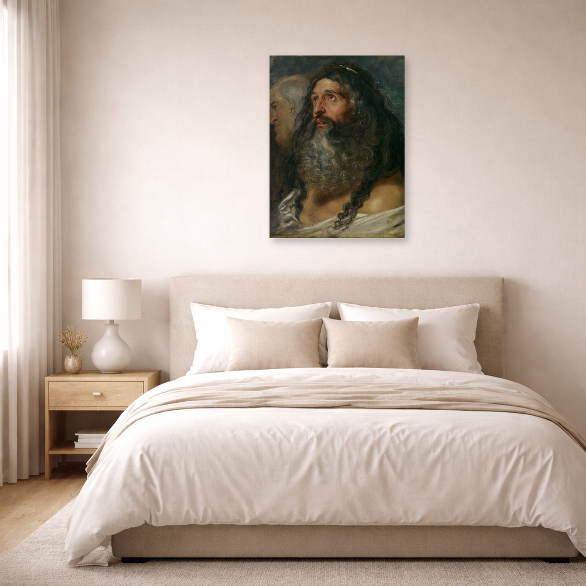 Unframed poster print of Peter Paul Rubens' 'Study of Two Heads' displayed on a wall in a bedroom