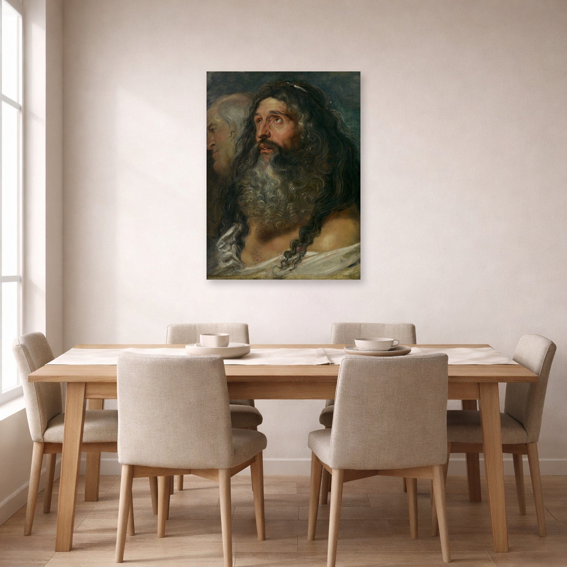 Unframed poster print of Peter Paul Rubens' 'Study of Two Heads' displayed on a wall in a dining room