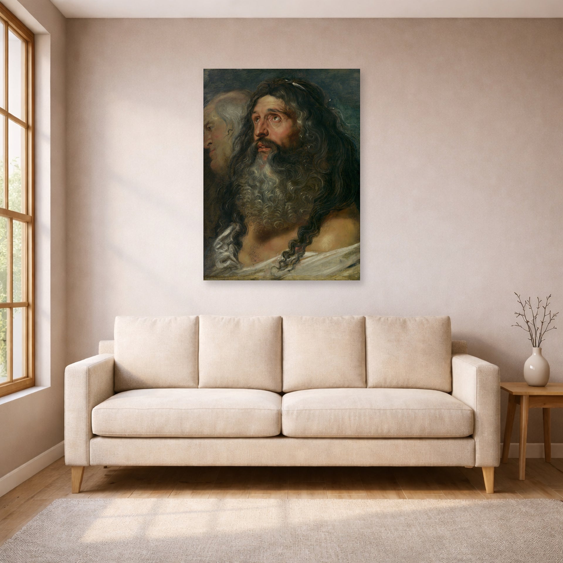 Unframed poster print of Peter Paul Rubens' 'Study of Two Heads' displayed on a wall in a living room (image 1 of 2)