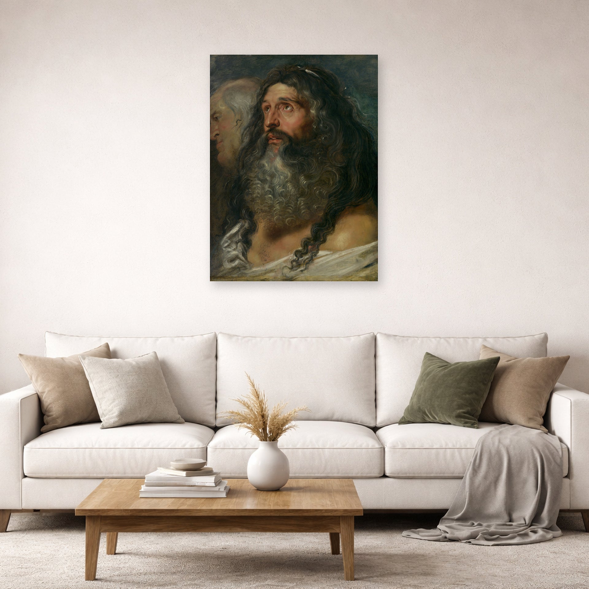 Unframed poster print of Peter Paul Rubens' 'Study of Two Heads' displayed on a wall in a living room (image 2 of 2)
