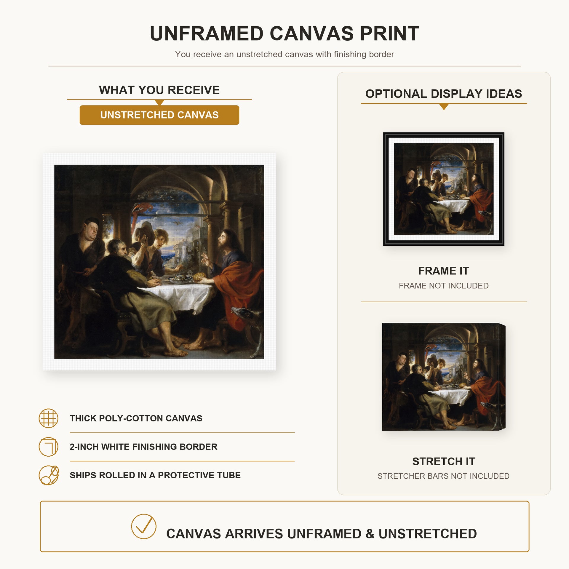 Peter Paul Rubens - Supper at Emmaus canvas print size comparison and framing display infographic