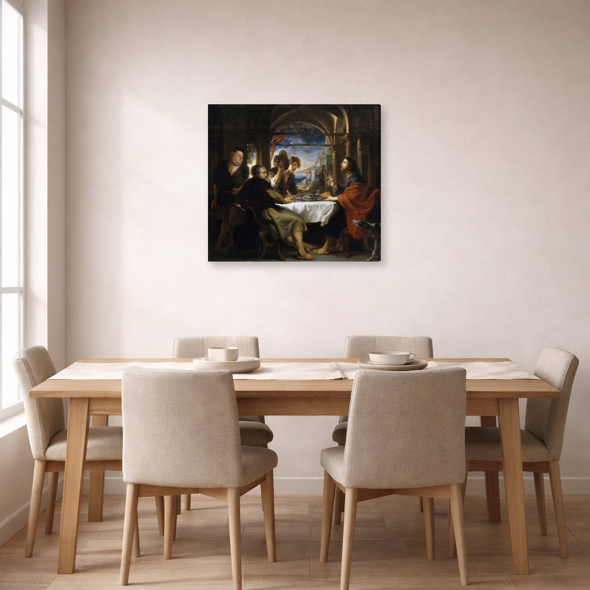 Gallery-wrapped canvas print of Peter Paul Rubens' 'Supper at Emmaus' displayed on a wall in a dining room