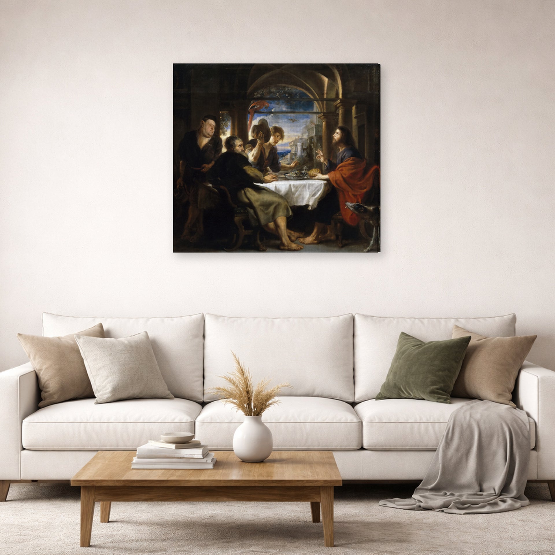 Gallery-wrapped canvas print of Peter Paul Rubens' 'Supper at Emmaus' displayed on a wall in a living room (image 2 of 2)