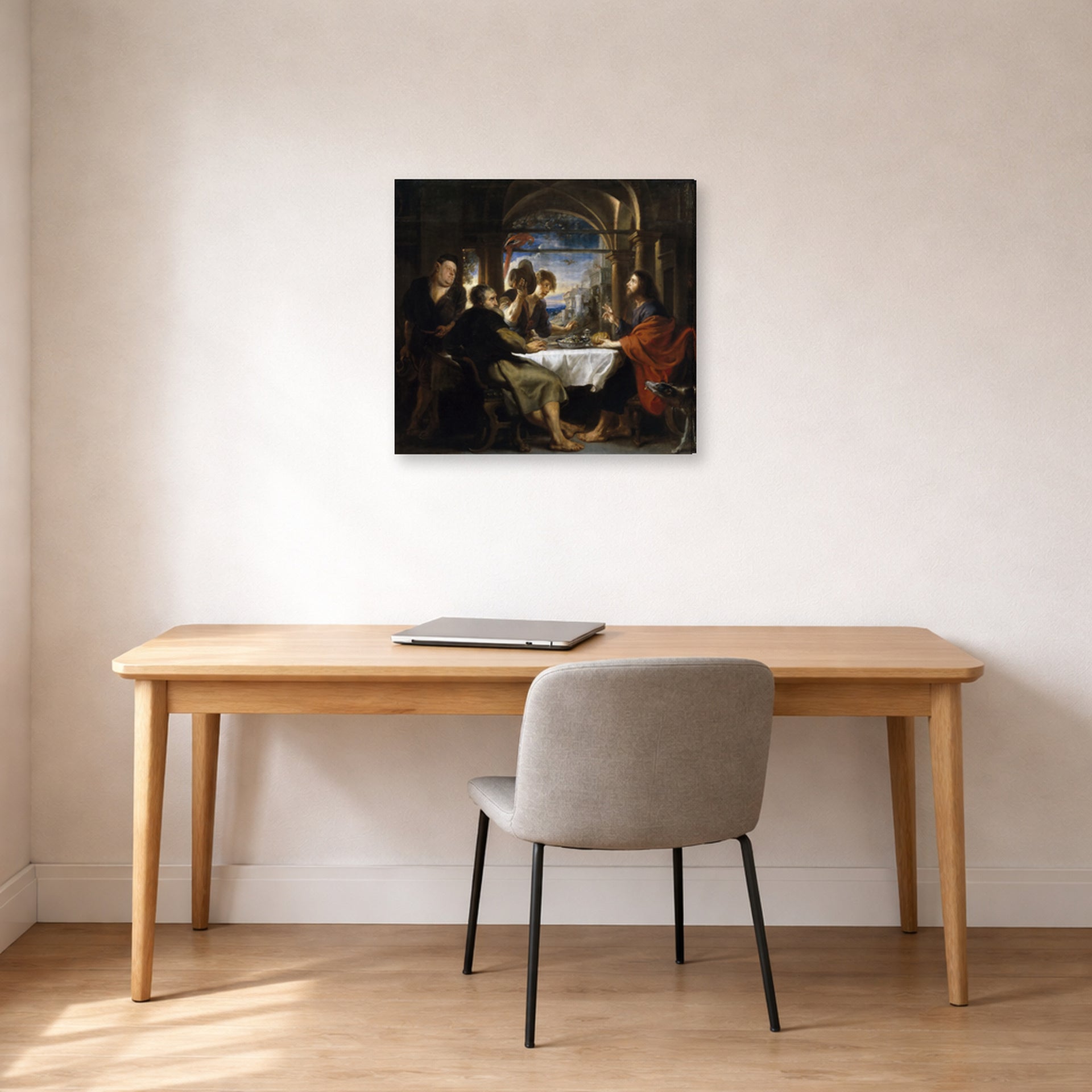 Gallery-wrapped canvas print of Peter Paul Rubens' 'Supper at Emmaus' displayed on a wall in an office