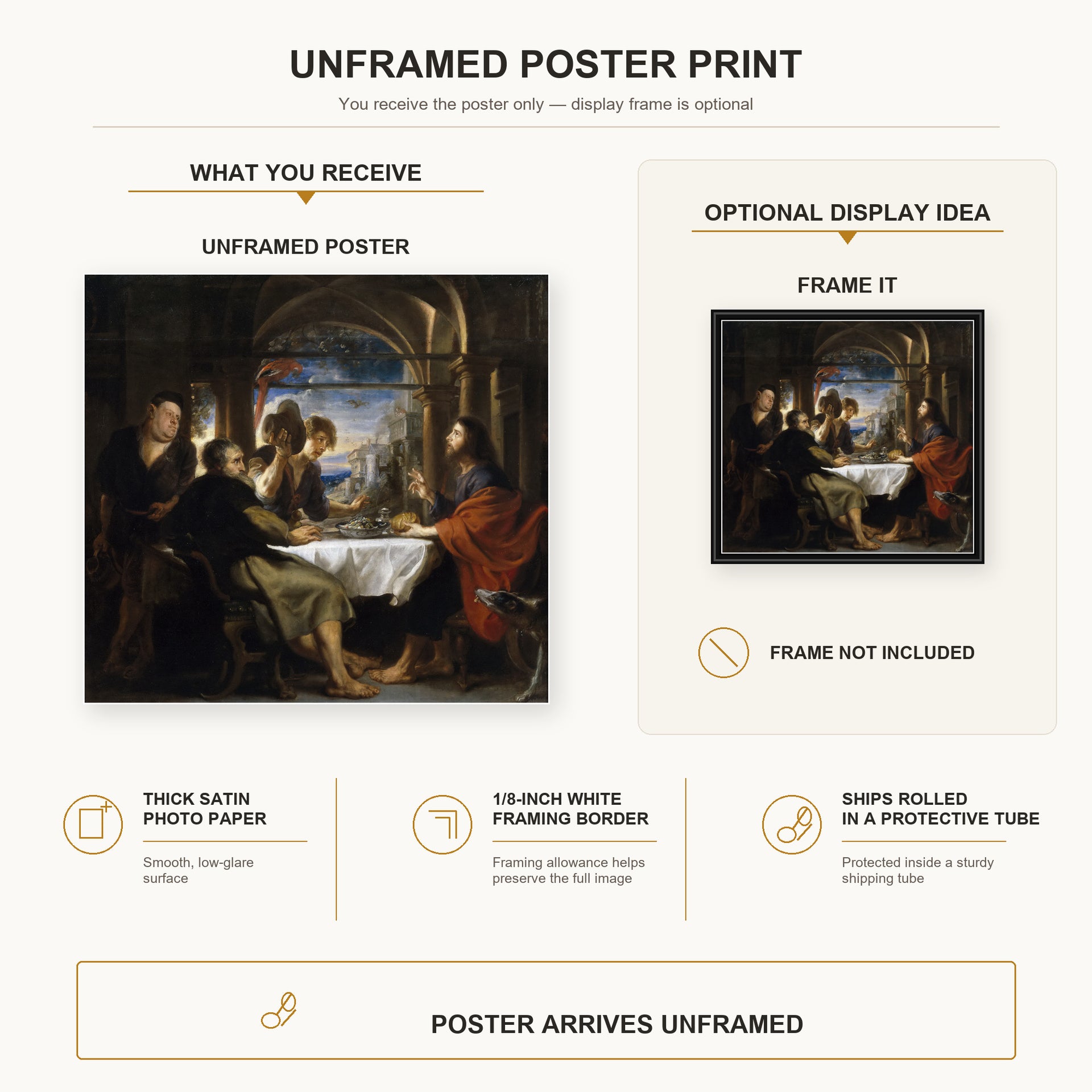 Peter Paul Rubens - Supper at Emmaus poster print size comparison and framing display infographic