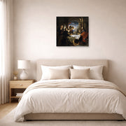 Unframed poster print of Peter Paul Rubens' 'Supper at Emmaus' displayed on a wall in a bedroom