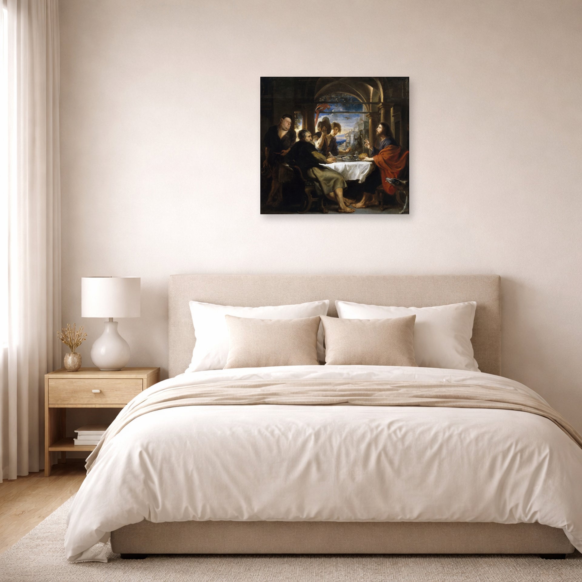 Unframed poster print of Peter Paul Rubens' 'Supper at Emmaus' displayed on a wall in a bedroom