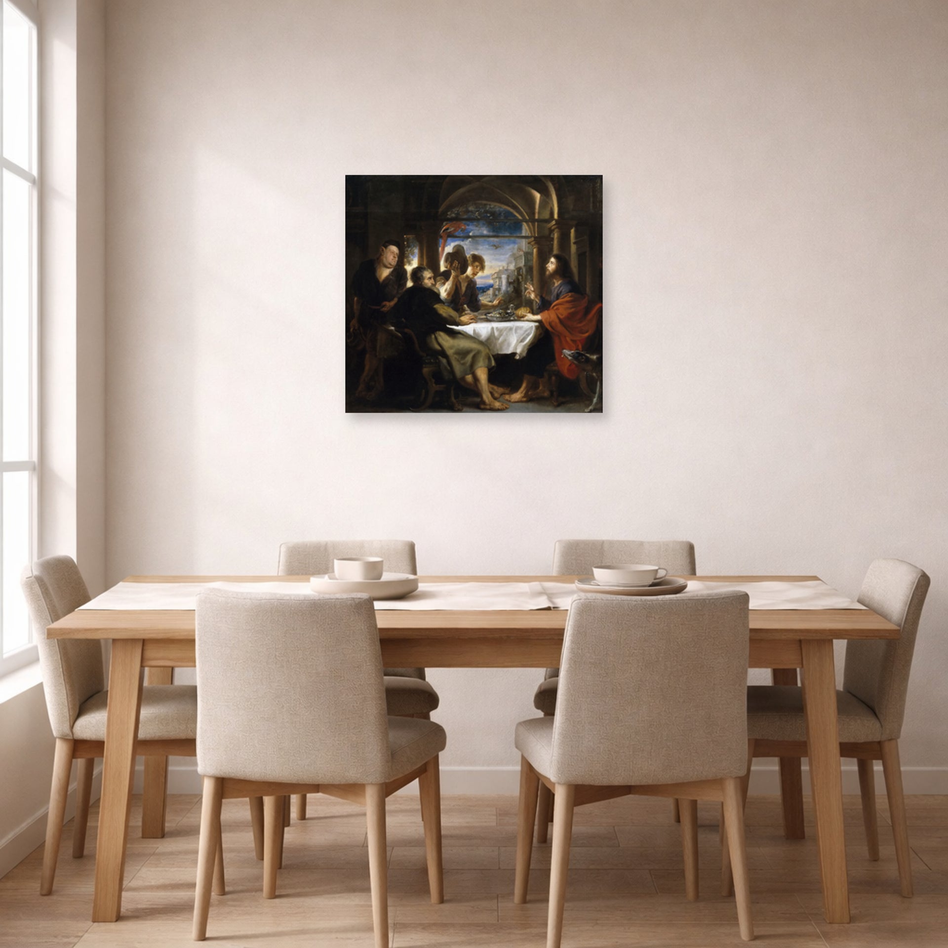 Unframed poster print of Peter Paul Rubens' 'Supper at Emmaus' displayed on a wall in a dining room