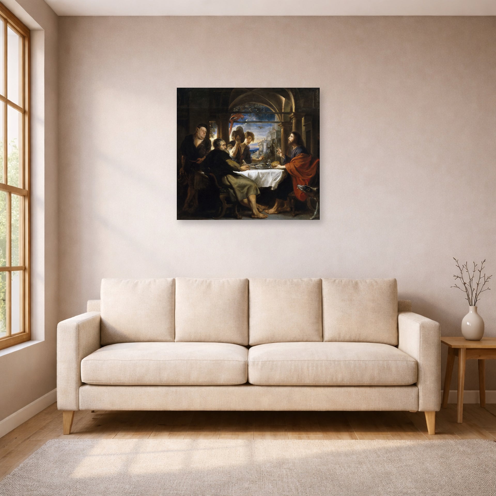 Unframed poster print of Peter Paul Rubens' 'Supper at Emmaus' displayed on a wall in a living room (image 1 of 2)
