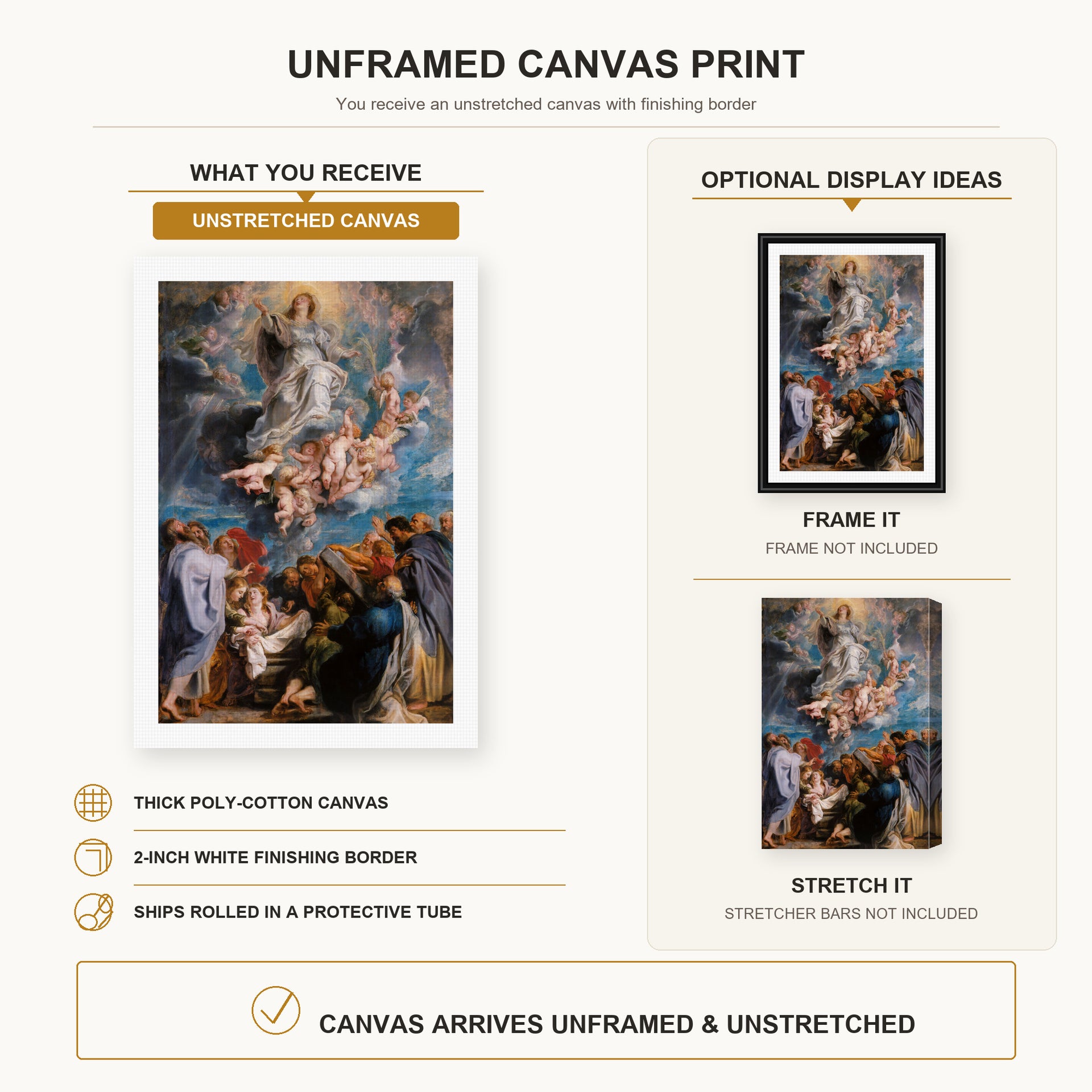 Peter Paul Rubens - The Assumption of the Virgin Mary into Heaven canvas print size comparison and framing display infographic