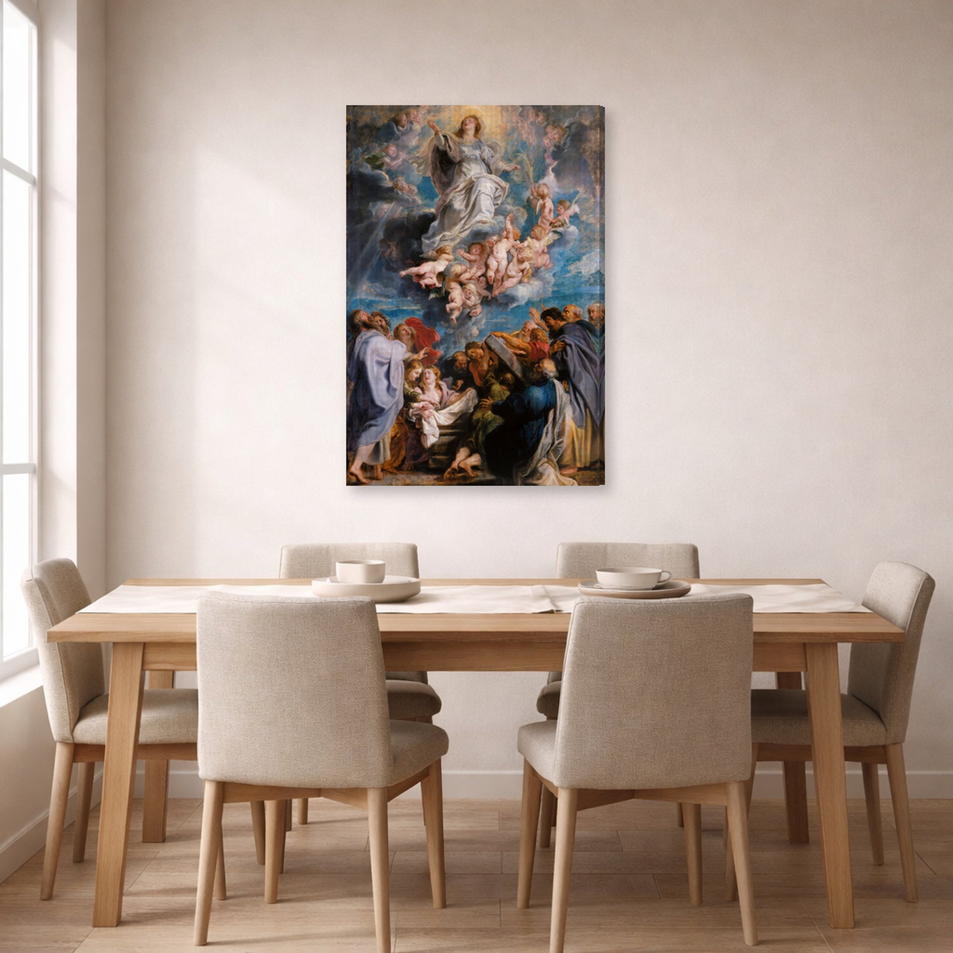 Gallery-wrapped canvas print of Peter Paul Rubens' 'The Assumption of the Virgin Mary into Heaven' displayed on a wall in a dining room