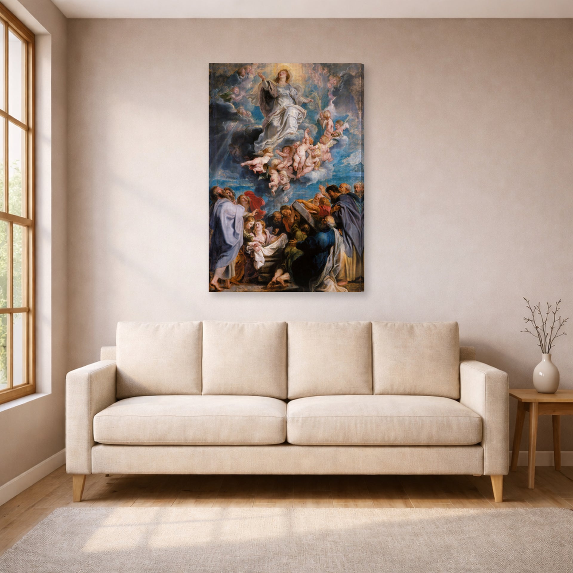 Gallery-wrapped canvas print of Peter Paul Rubens' 'The Assumption of the Virgin Mary into Heaven' displayed on a wall in a living room (image 1 of 2)