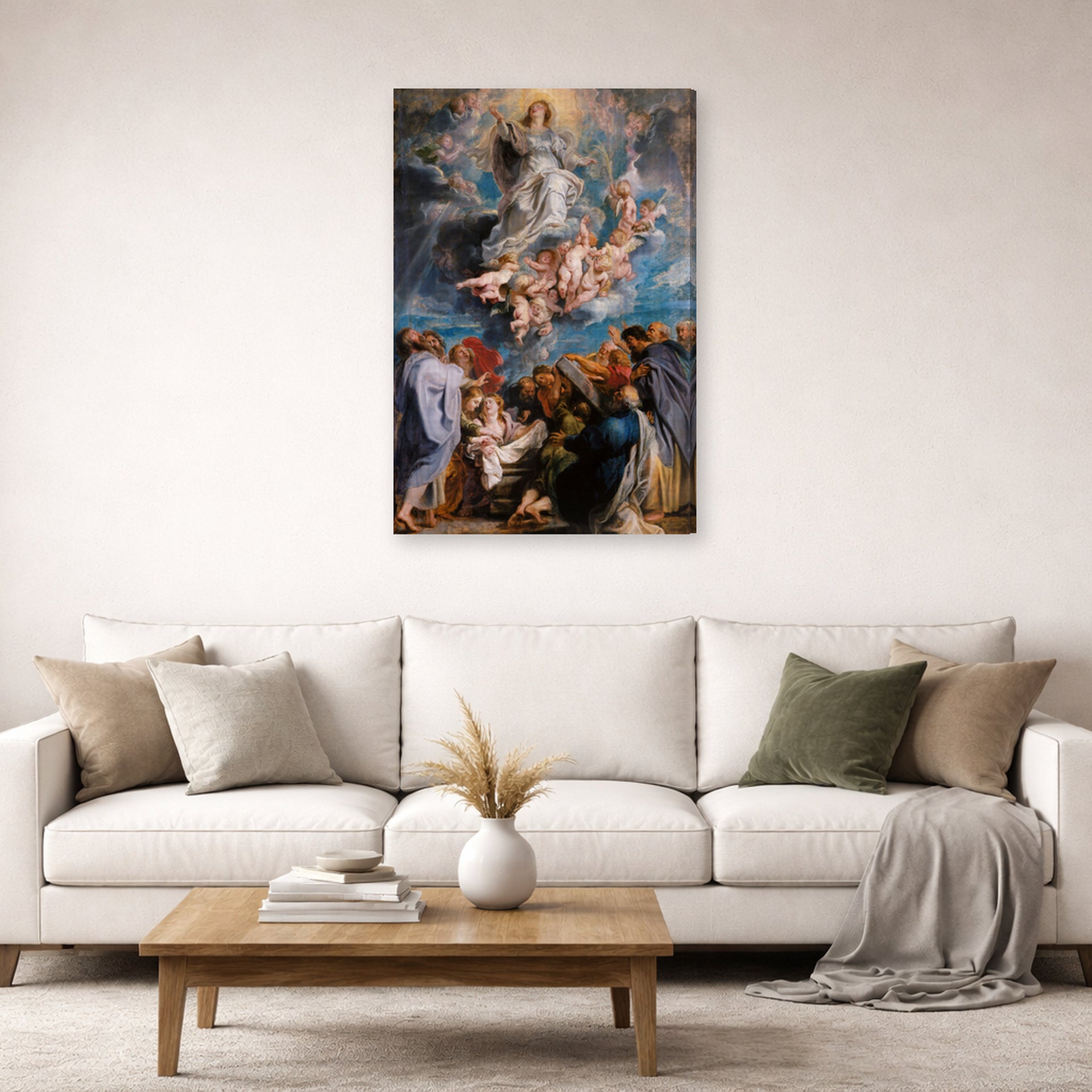 Gallery-wrapped canvas print of Peter Paul Rubens' 'The Assumption of the Virgin Mary into Heaven' displayed on a wall in a living room (image 2 of 2)