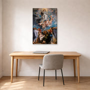 Gallery-wrapped canvas print of Peter Paul Rubens' 'The Assumption of the Virgin Mary into Heaven' displayed on a wall in an office