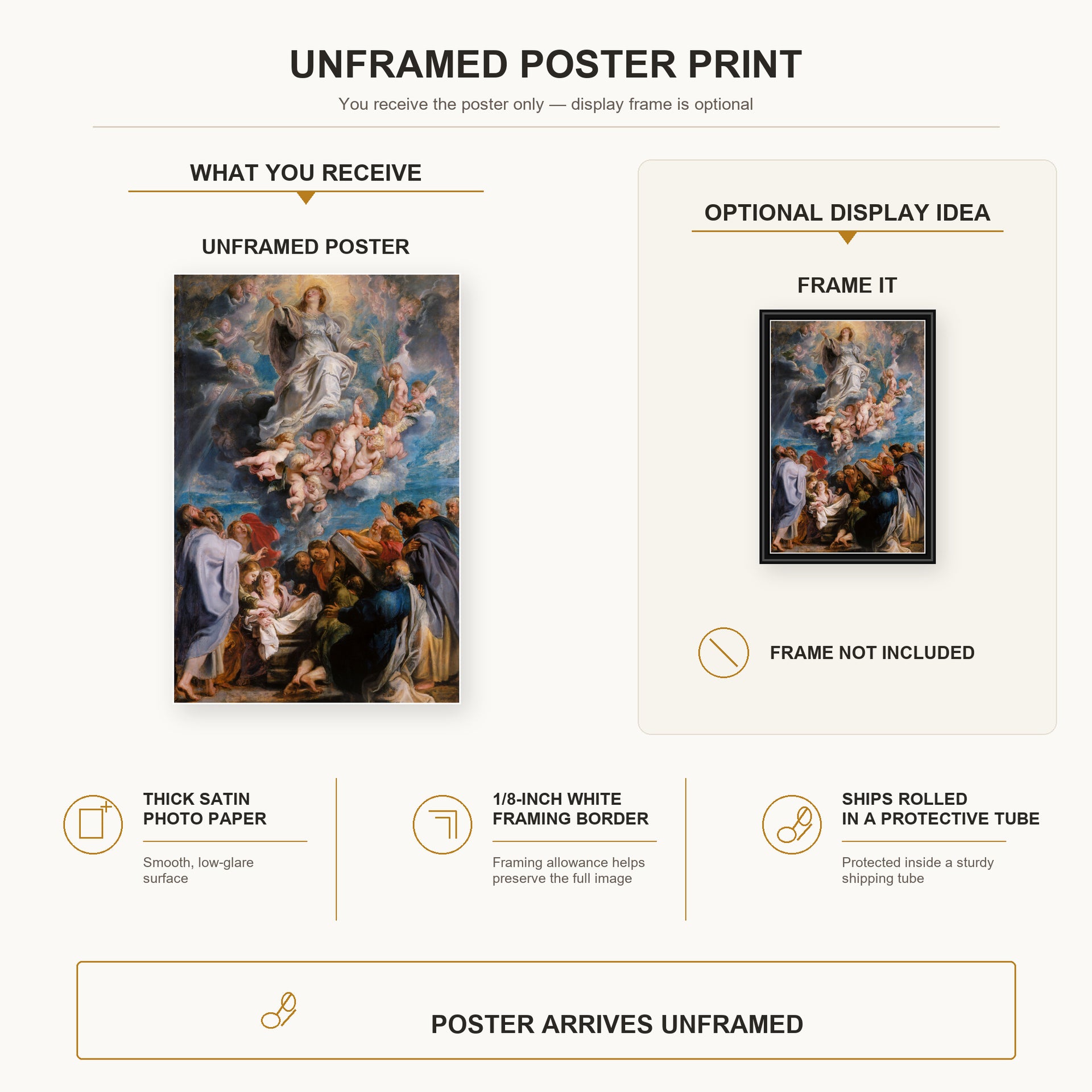 Peter Paul Rubens - The Assumption of the Virgin Mary into Heaven poster print size comparison and framing display infographic