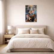 Unframed poster print of Peter Paul Rubens' 'The Assumption of the Virgin Mary into Heaven' displayed on a wall in a bedroom