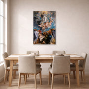 Unframed poster print of Peter Paul Rubens' 'The Assumption of the Virgin Mary into Heaven' displayed on a wall in a dining room