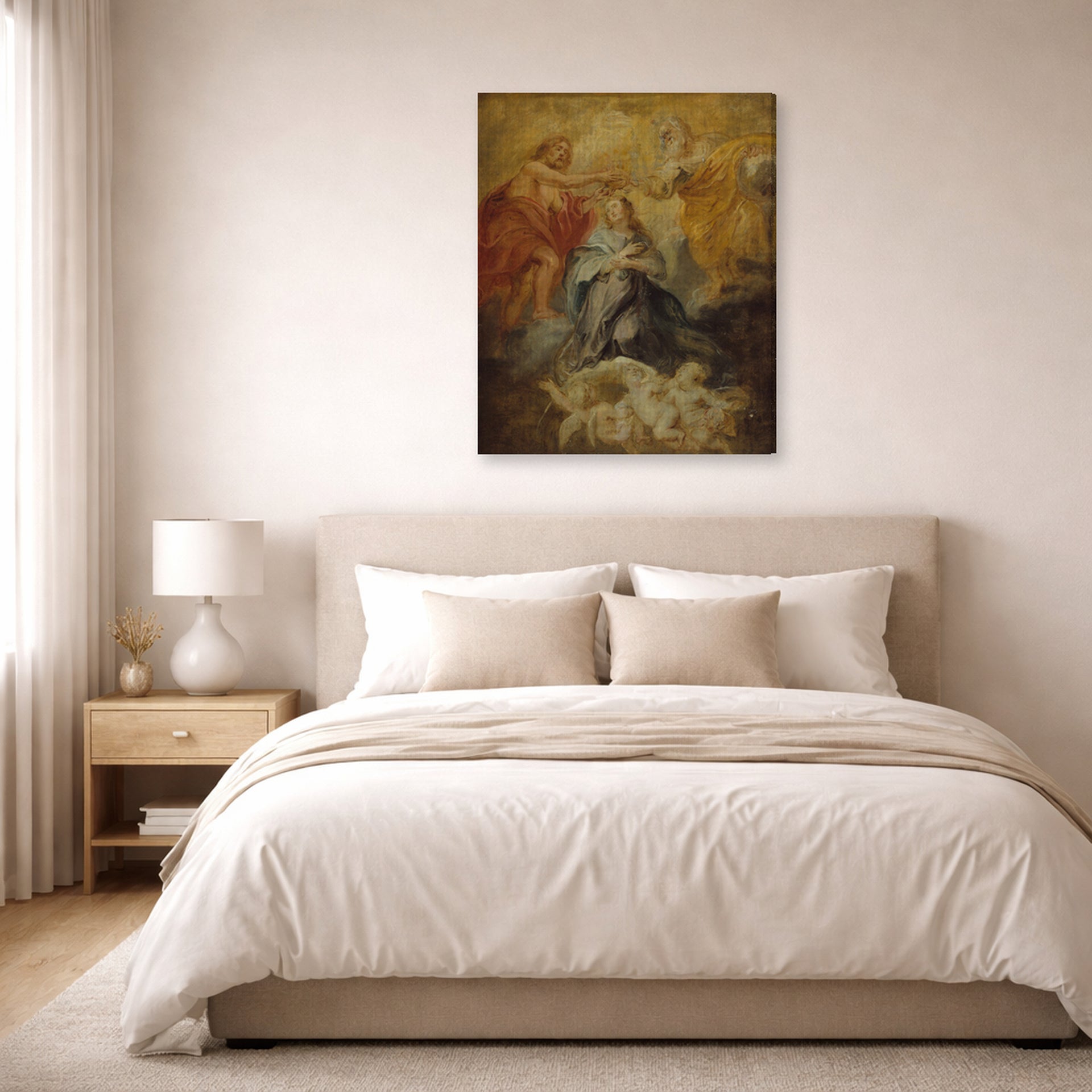 Gallery-wrapped canvas print of Peter Paul Rubens' 'The Coronation of the Virgin' displayed on a wall in a bedroom
