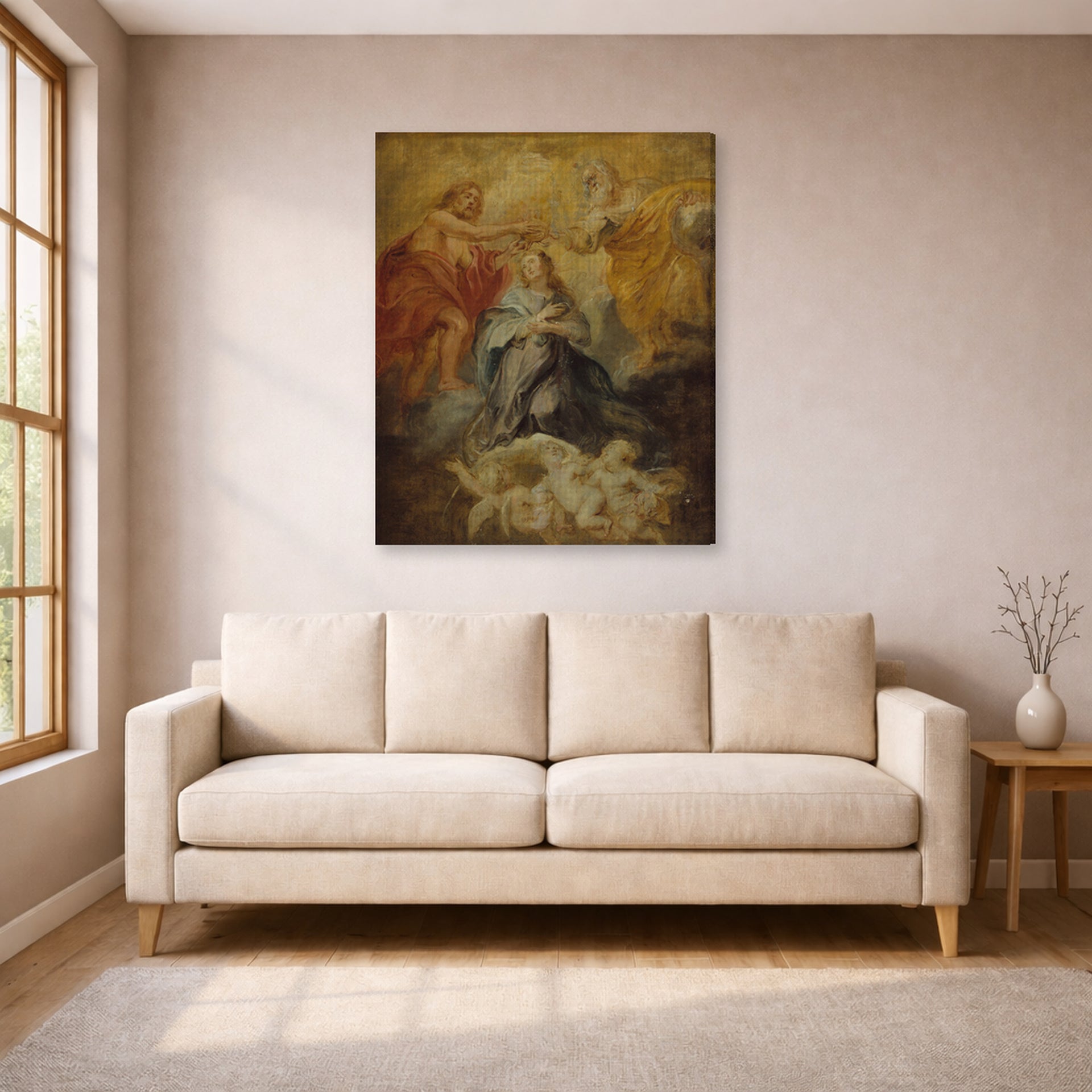 Gallery-wrapped canvas print of Peter Paul Rubens' 'The Coronation of the Virgin' displayed on a wall in a living room (image 1 of 2)