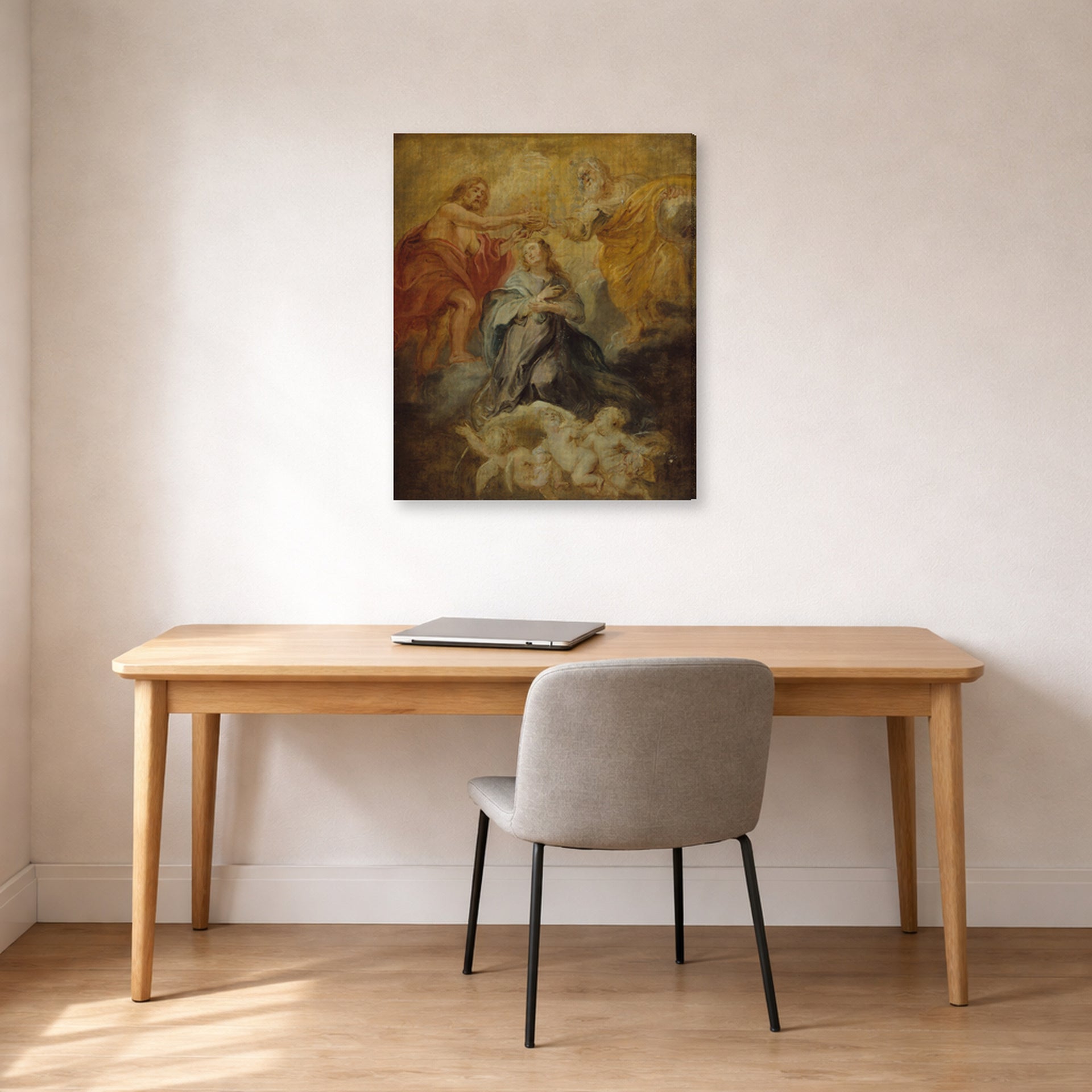 Gallery-wrapped canvas print of Peter Paul Rubens' 'The Coronation of the Virgin' displayed on a wall in an office