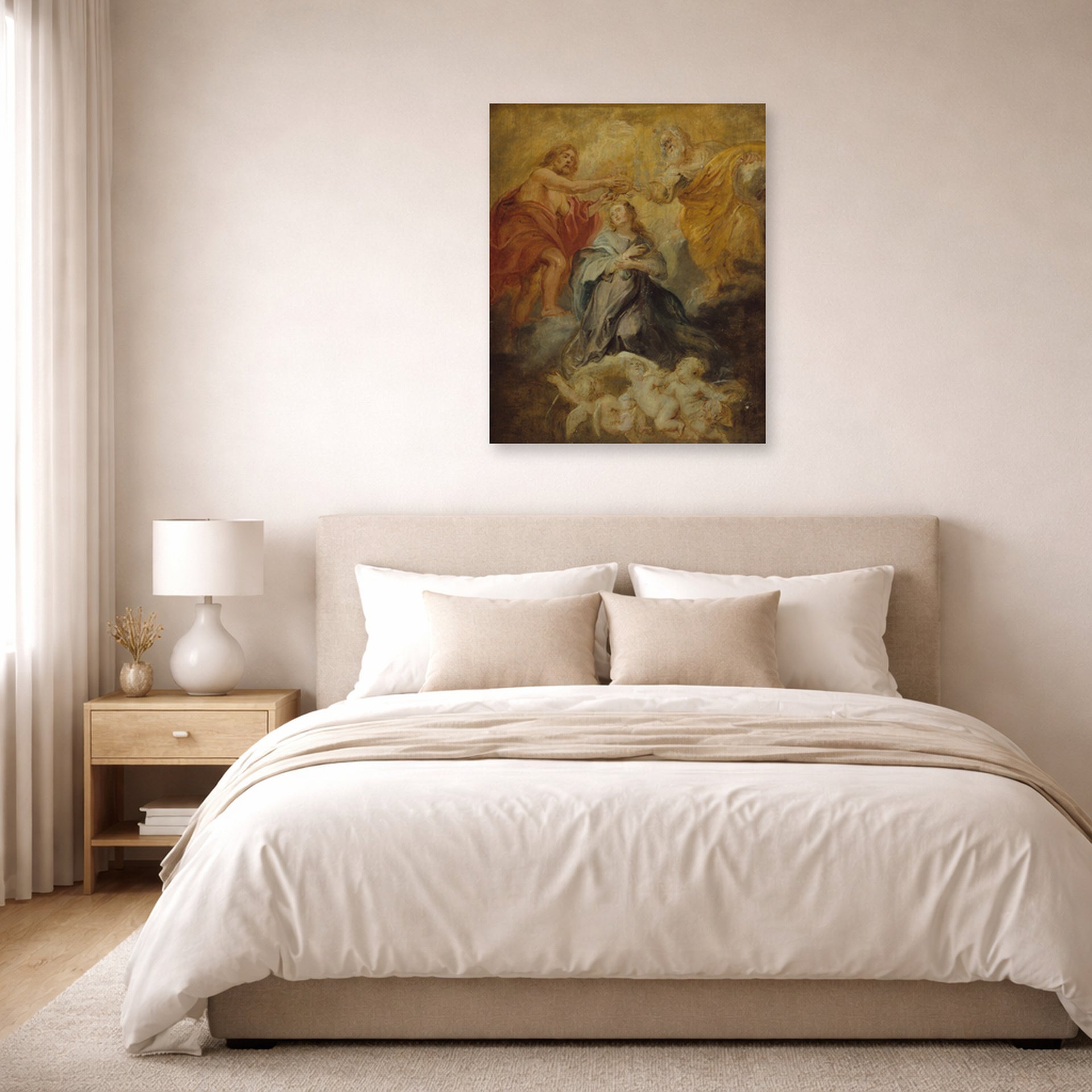 Unframed poster print of Peter Paul Rubens' 'The Coronation of the Virgin' displayed on a wall in a bedroom