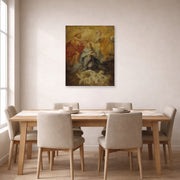 Unframed poster print of Peter Paul Rubens' 'The Coronation of the Virgin' displayed on a wall in a dining room