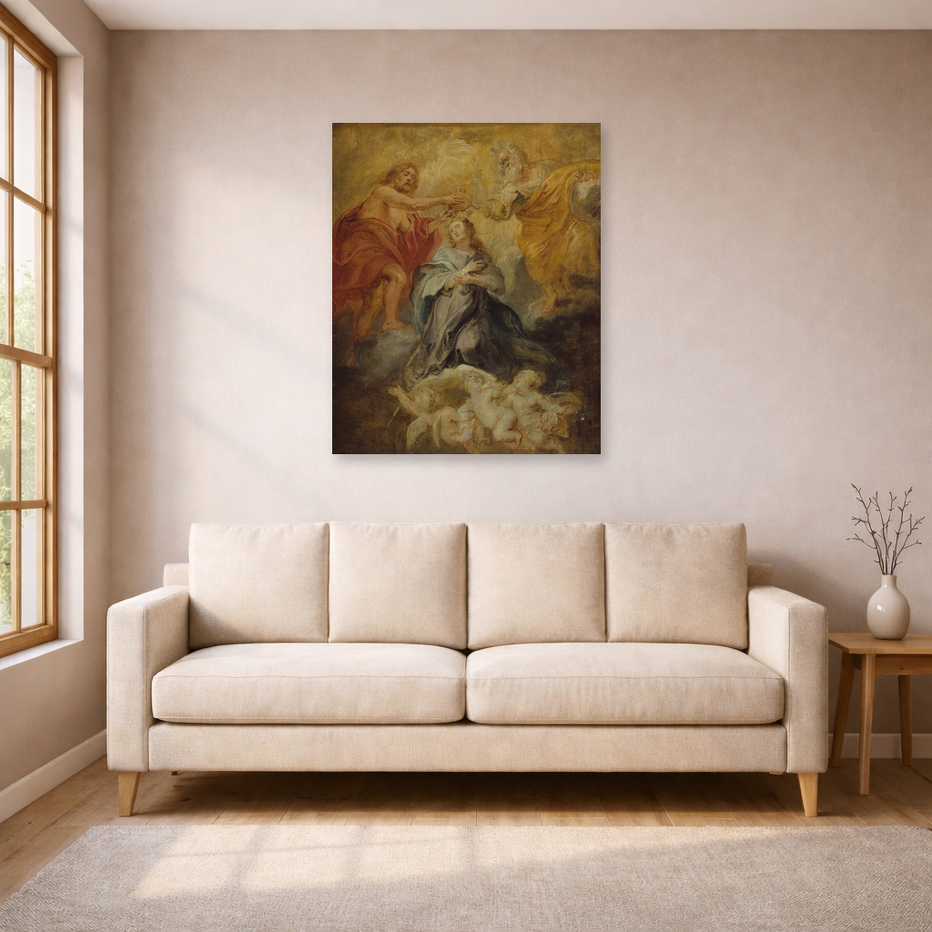 Unframed poster print of Peter Paul Rubens' 'The Coronation of the Virgin' displayed on a wall in a living room (image 1 of 2)