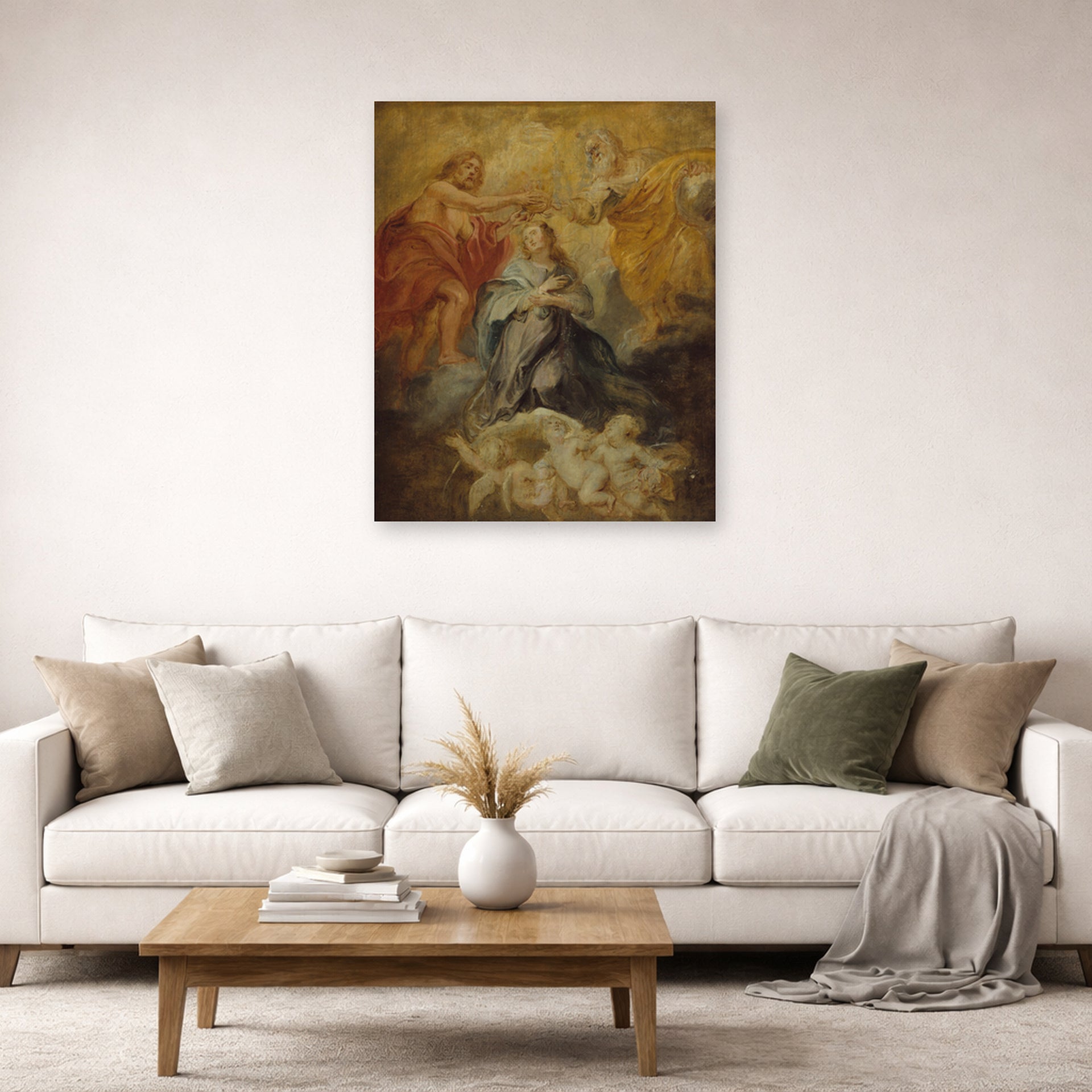 Unframed poster print of Peter Paul Rubens' 'The Coronation of the Virgin' displayed on a wall in a living room (image 2 of 2)