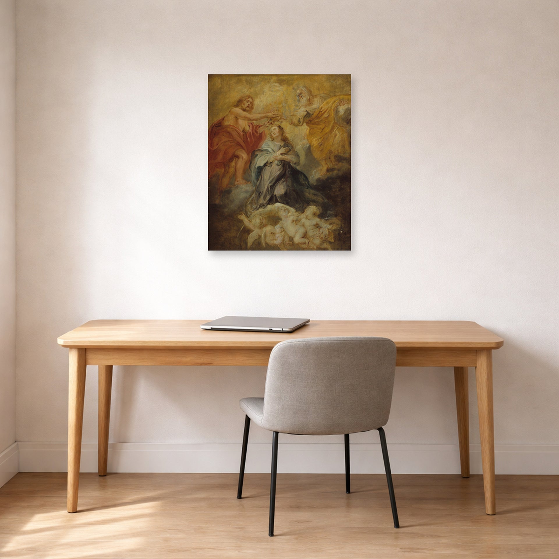Unframed poster print of Peter Paul Rubens' 'The Coronation of the Virgin' displayed on a wall in an office
