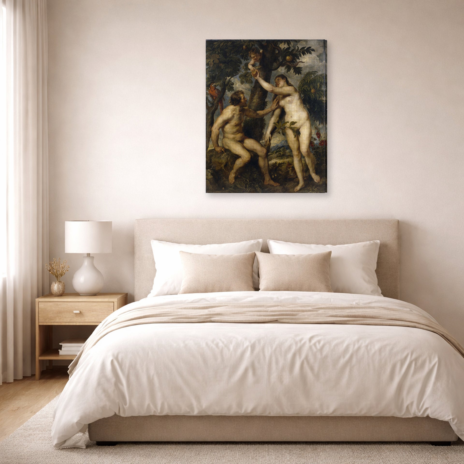 Gallery-wrapped canvas print of Peter Paul Rubens' 'The Fall of Man' displayed on a wall in a bedroom